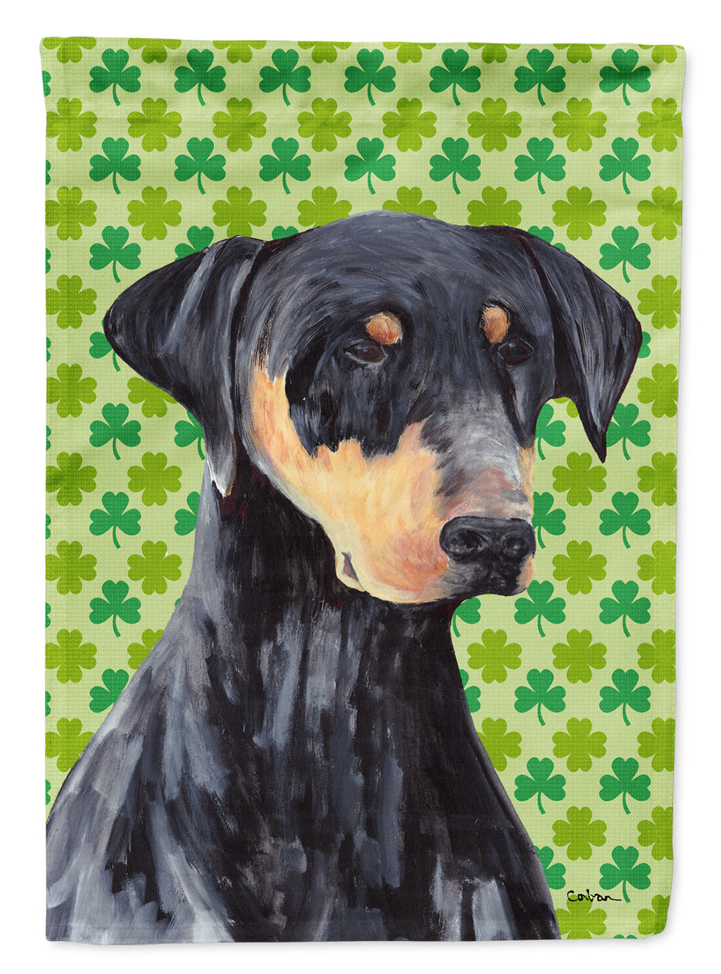 Doberman St. Patrick's Day Shamrock Portrait House Flag 28x40 Porch Sleeve Pole Decorative Outside Yard Banner Artwork Wall Hanging, Polyester