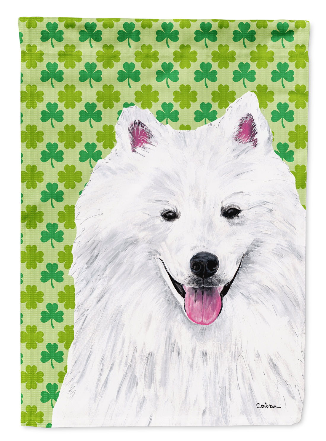 American Eskimo St. Patrick's Day Shamrock Portrait House Flag 28x40 Porch Sleeve Pole Decorative Outside Yard Banner Artwork Wall Hanging, Polyester