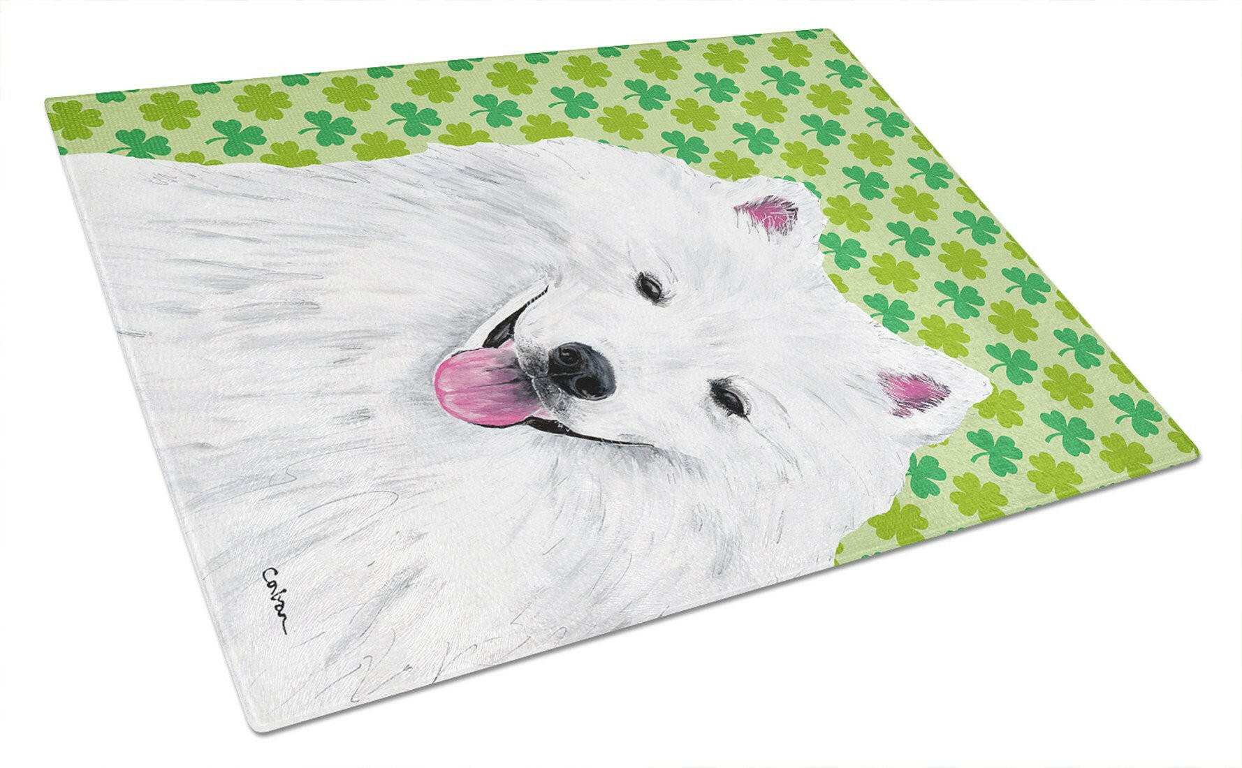 American Eskimo St. Patrick's Day Shamrock Portrait Cutting Board Tempered Glass Kitchen Cutting Surface, Heat Resistant Chopping, Non-Slip Feet, Food Prep & Serving