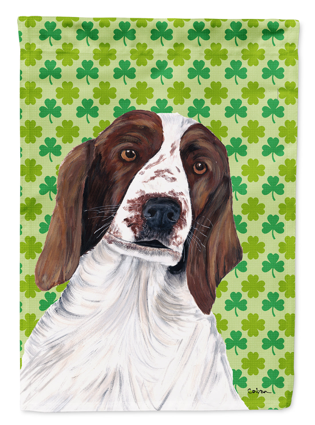 Welsh Springer Spaniel Shamrocks House Flag 28x40 Porch Sleeve Pole Decorative Outside Yard Banner Artwork Wall Hanging, Polyester
