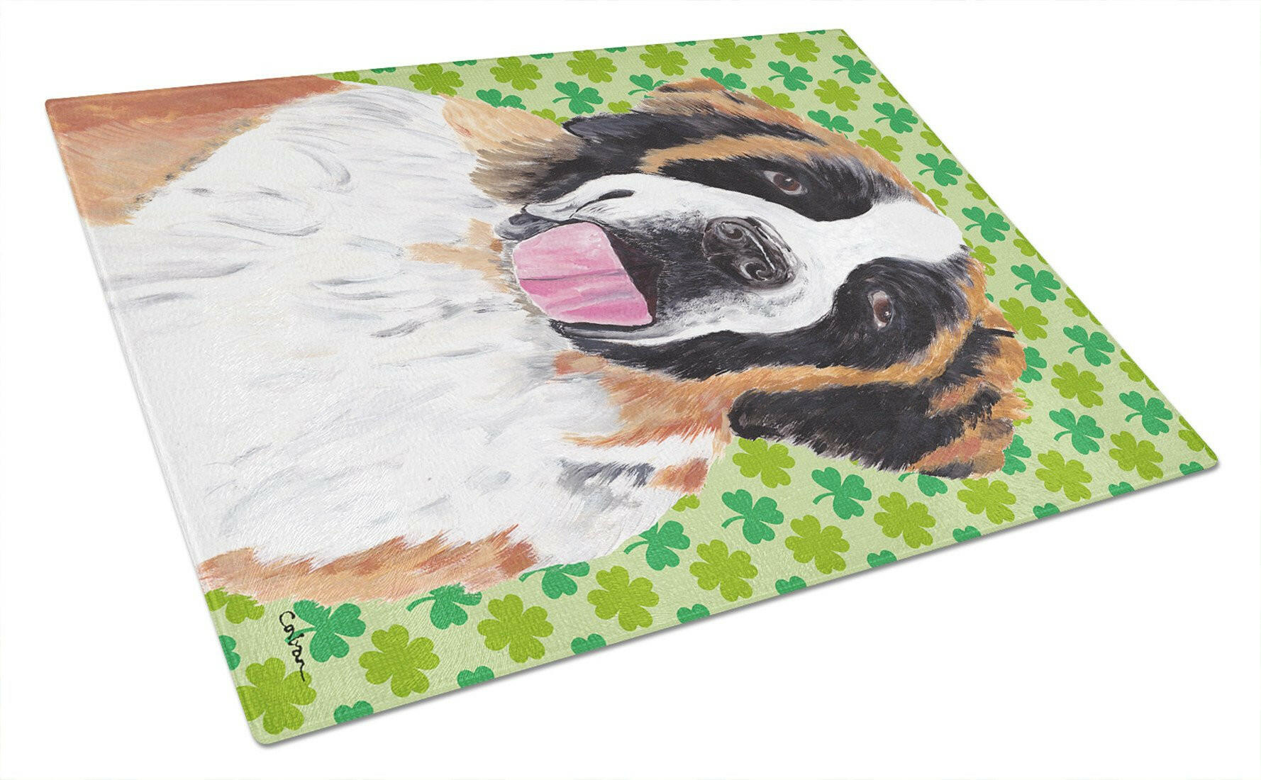 Saint Bernard St. Patrick's Day Shamrock Portrait Cutting Board Tempered Glass Kitchen Cutting Surface, Heat Resistant Chopping, Non-Slip Feet, Food Prep & Serving