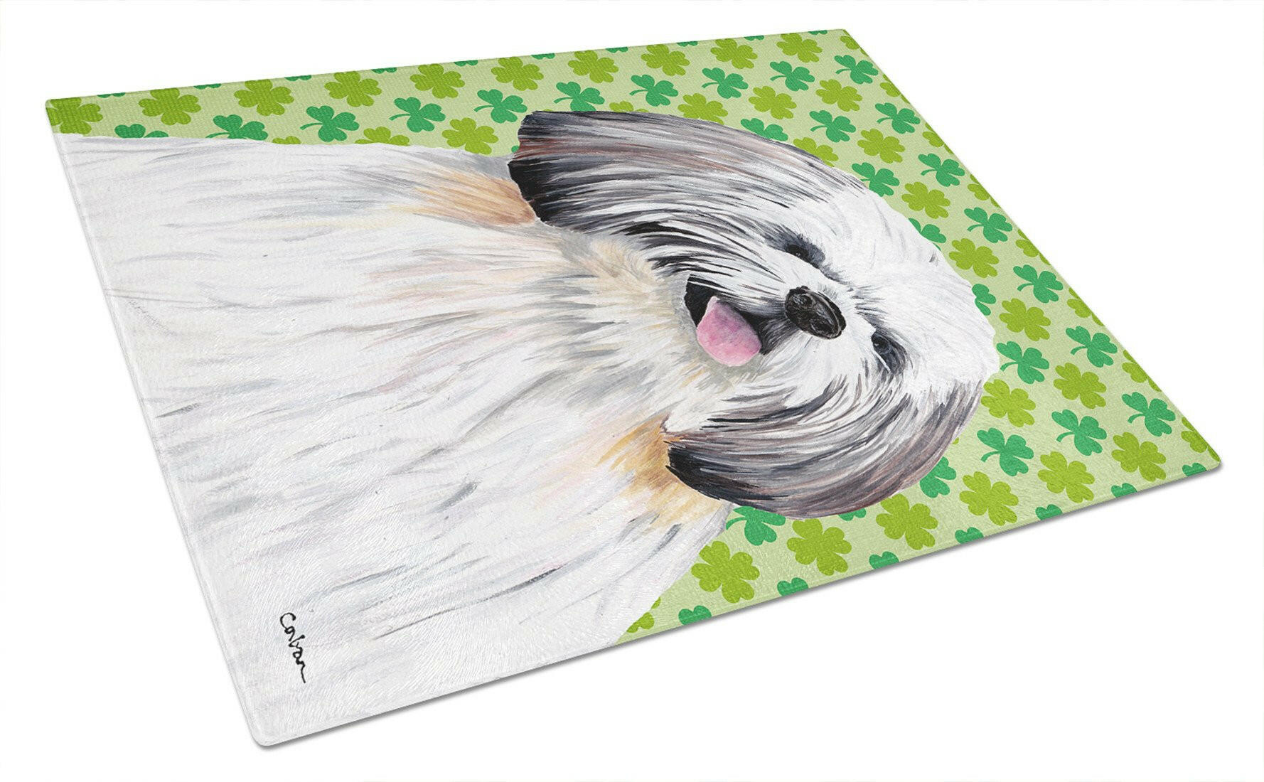 Shih Tzu St. Patrick's Day Shamrock Portrait Cutting Board Tempered Glass Kitchen Cutting Surface, Heat Resistant Chopping, Non-Slip Feet, Food Prep & Serving