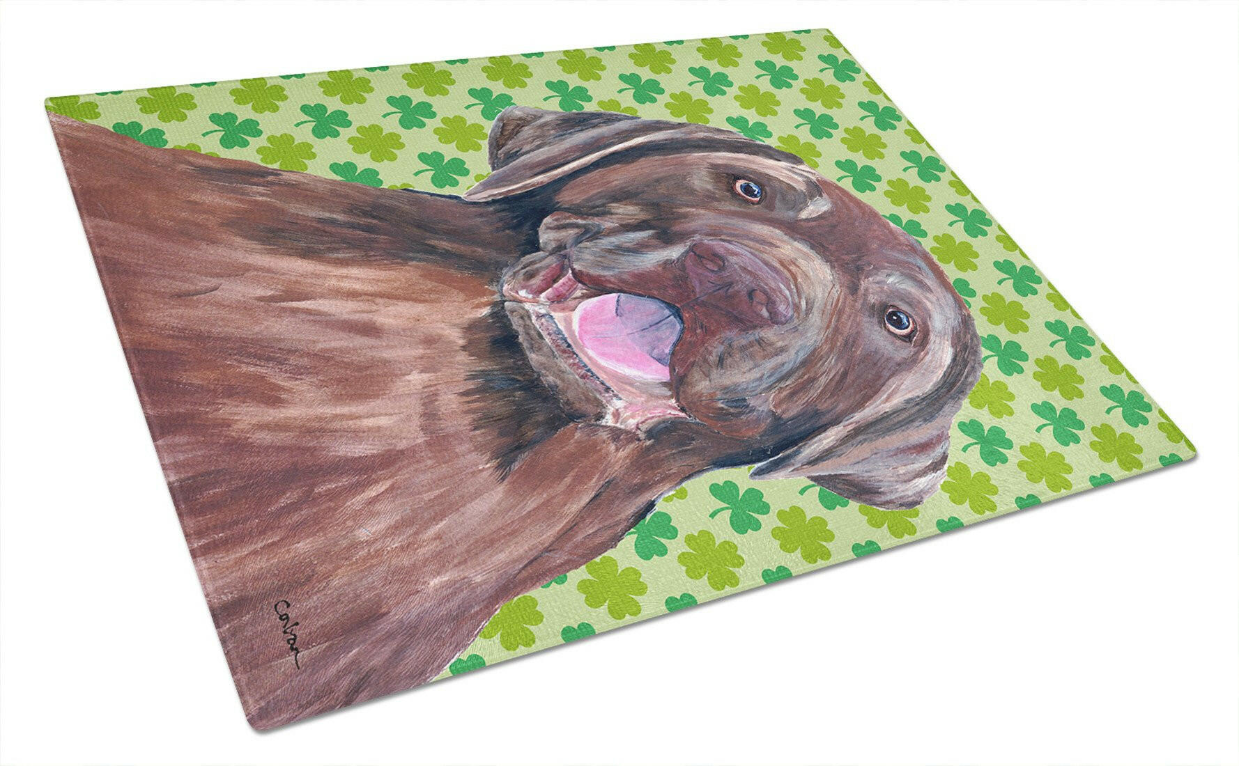 Labrador Chocolate St. Patrick's Day Shamrock Portrait Cutting Board Tempered Glass Kitchen Cutting Surface, Heat Resistant Chopping, Non-Slip Feet, Food Prep & Serving