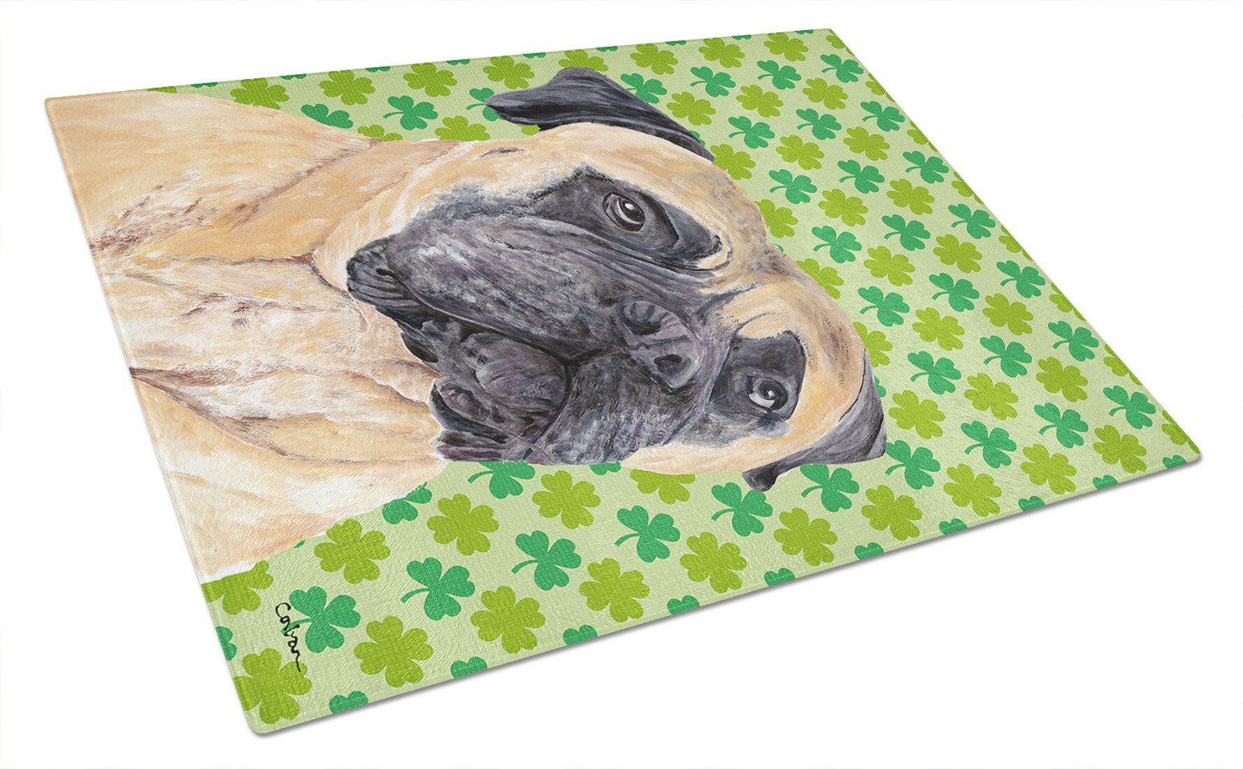 Mastiff St. Patrick's Day Shamrock Portrait Cutting Board Tempered Glass Kitchen Cutting Surface, Heat Resistant Chopping, Non-Slip Feet, Food Prep & Serving