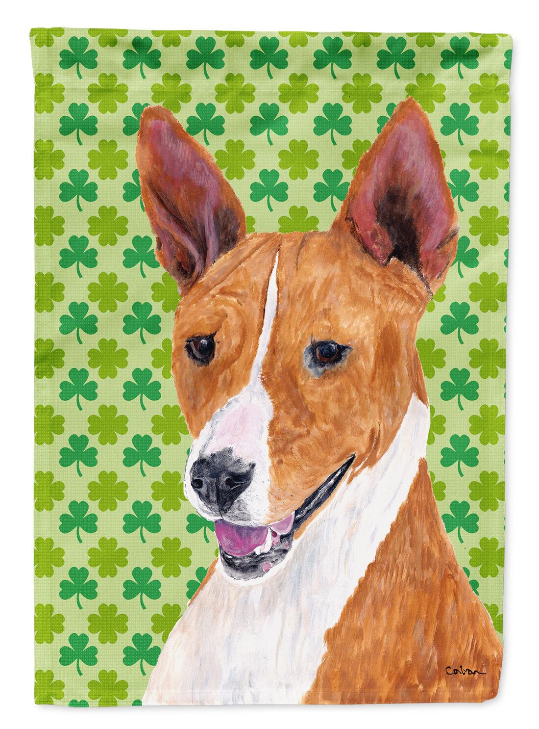 Basenji St. Patrick's Day Shamrock Portrait House Flag 28x40 Porch Sleeve Pole Decorative Outside Yard Banner Artwork Wall Hanging, Polyester