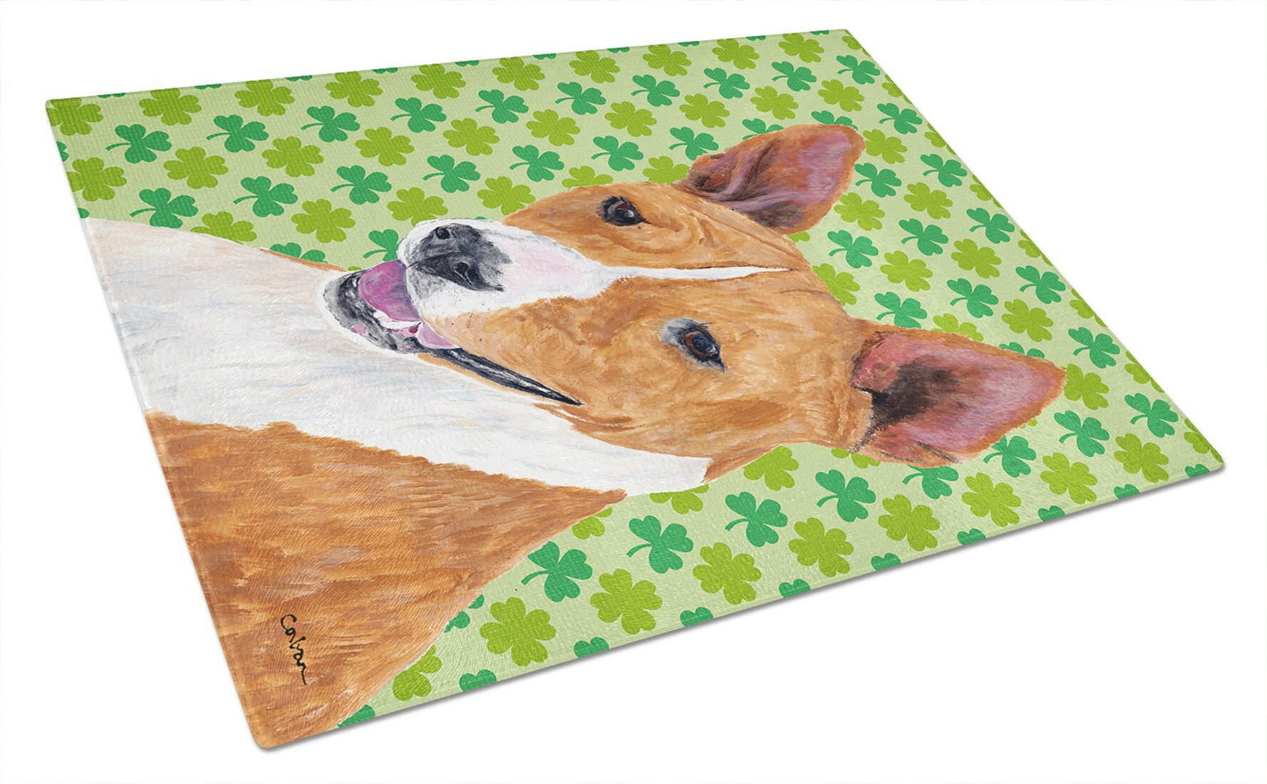 Basenji St. Patrick's Day Shamrock Portrait Cutting Board Tempered Glass Kitchen Cutting Surface, Heat Resistant Chopping, Non-Slip Feet, Food Prep & Serving