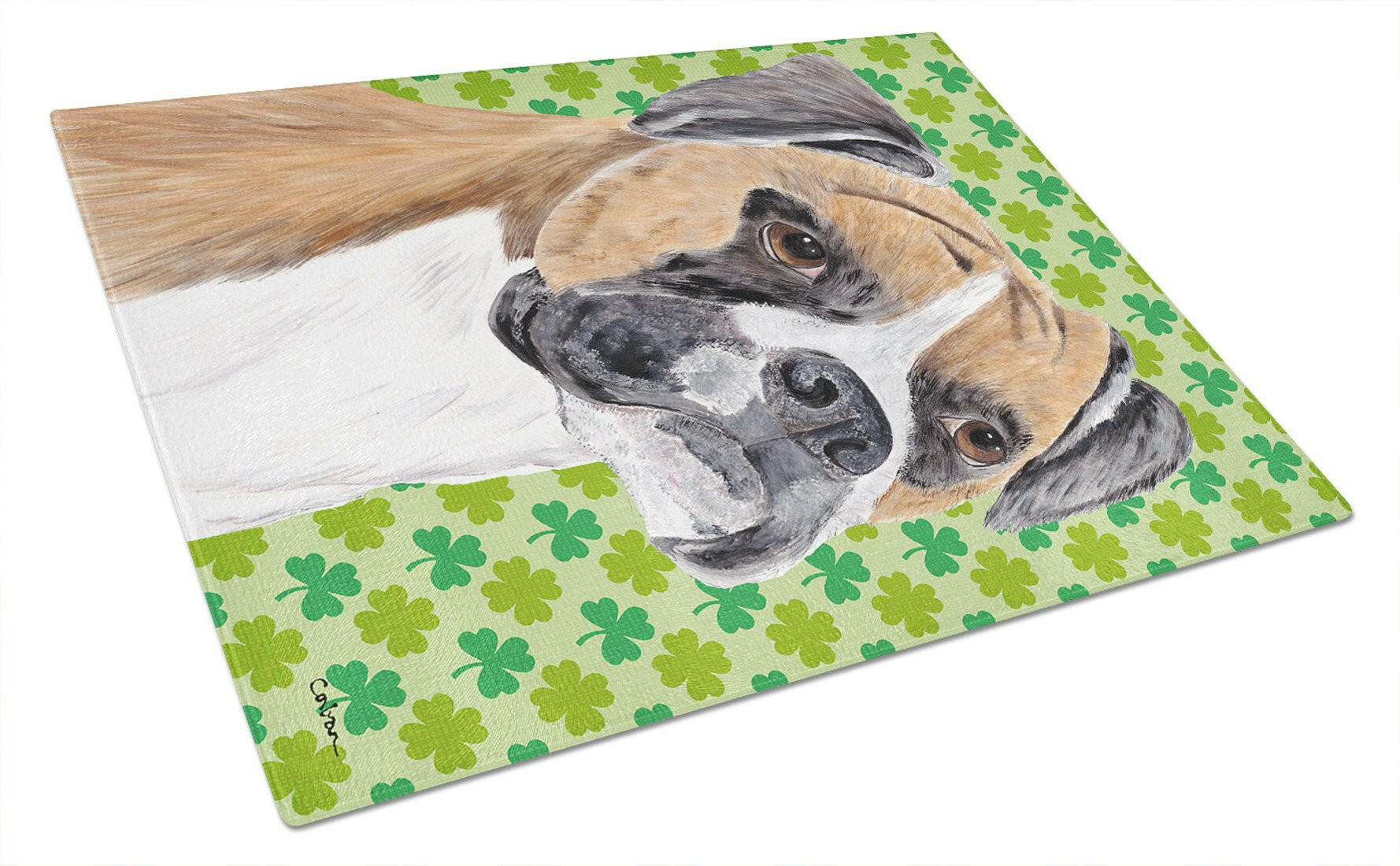 Boxer St. Patrick's Day Shamrock Portrait Cutting Board Tempered Glass Kitchen Cutting Surface, Heat Resistant Chopping, Non-Slip Feet, Food Prep & Serving