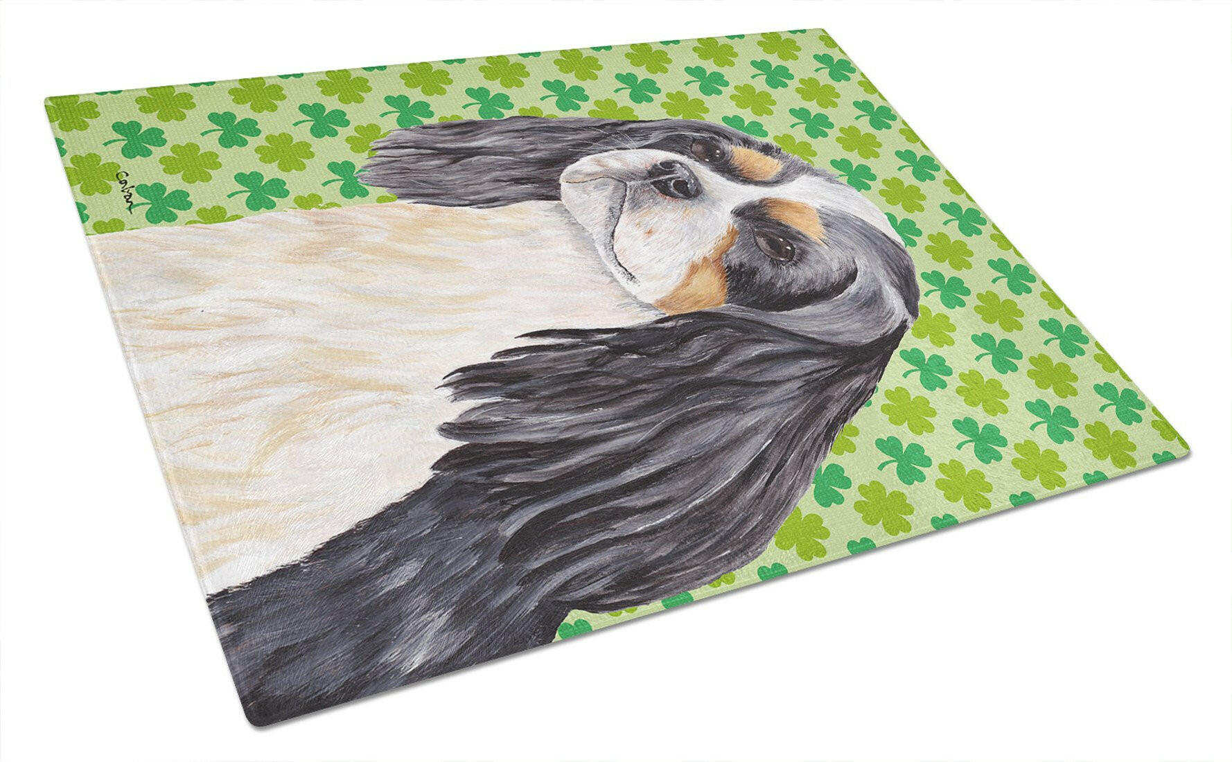 Cavalier Spaniel St. Patrick's Day Shamrock Portrait Cutting Board Tempered Glass Kitchen Cutting Surface, Heat Resistant Chopping, Non-Slip Feet, Food Prep & Serving