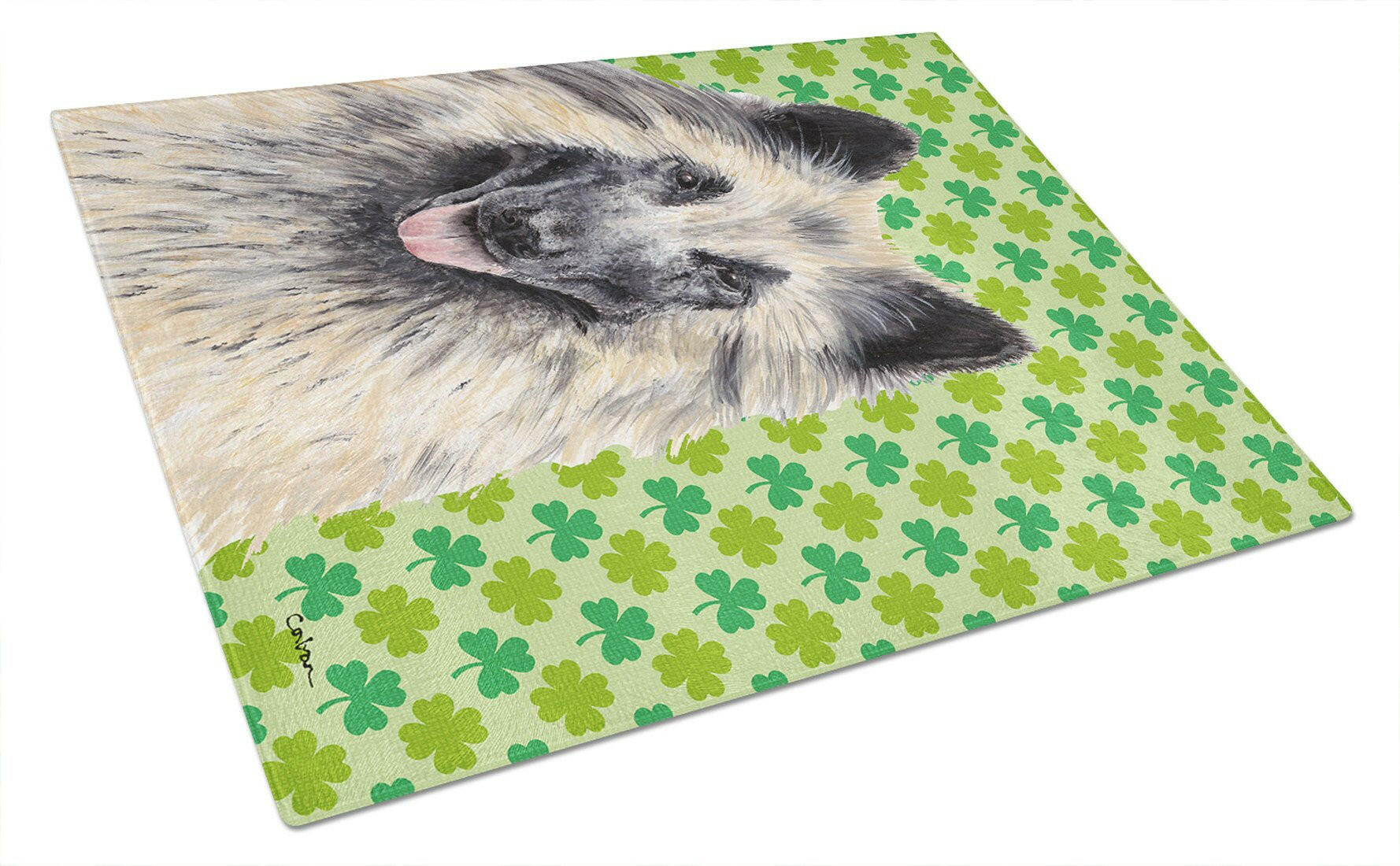 Belgian Tervuren St. Patrick's Day Shamrock Portrait Cutting Board Tempered Glass Kitchen Cutting Surface, Heat Resistant Chopping, Non-Slip Feet, Food Prep & Serving