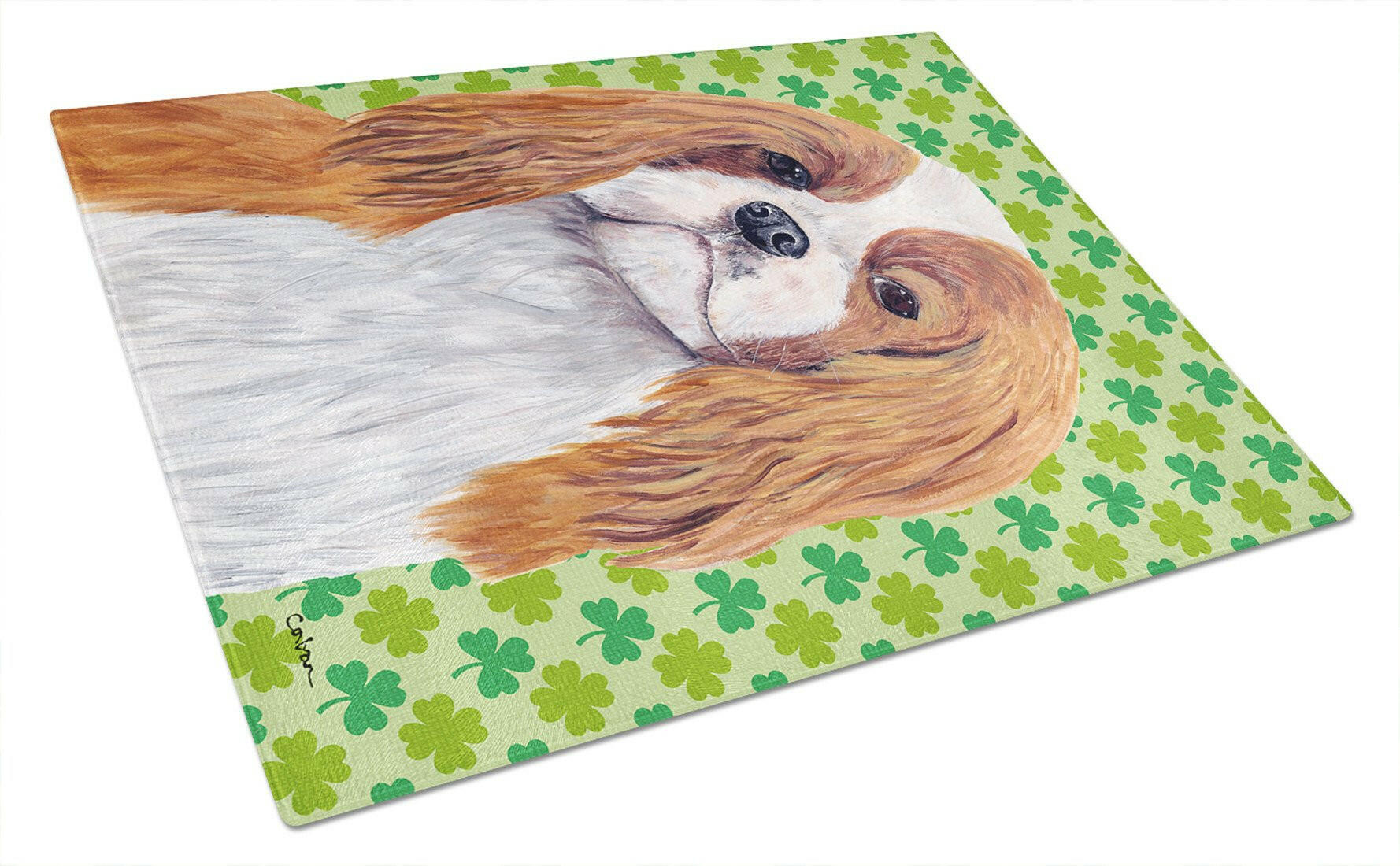 Cavalier Spaniel St. Patrick's Day Shamrock Portrait Cutting Board Tempered Glass Kitchen Cutting Surface, Heat Resistant Chopping, Non-Slip Feet, Food Prep & Serving