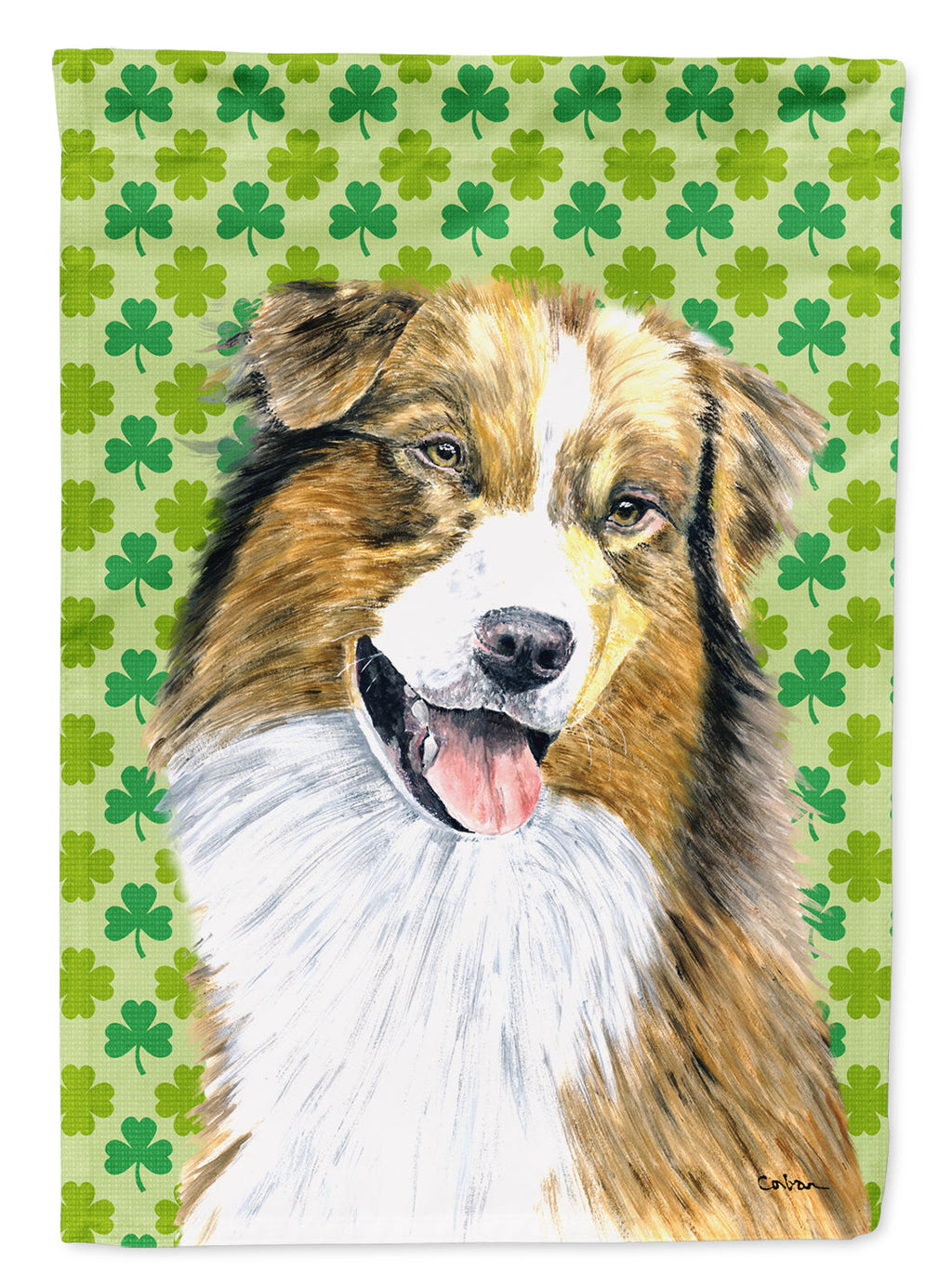 Australian Shepherd St. Patrick's Day Shamrock House Flag 28x40 Porch Sleeve Pole Decorative Outside Yard Banner Artwork Wall Hanging, Polyester