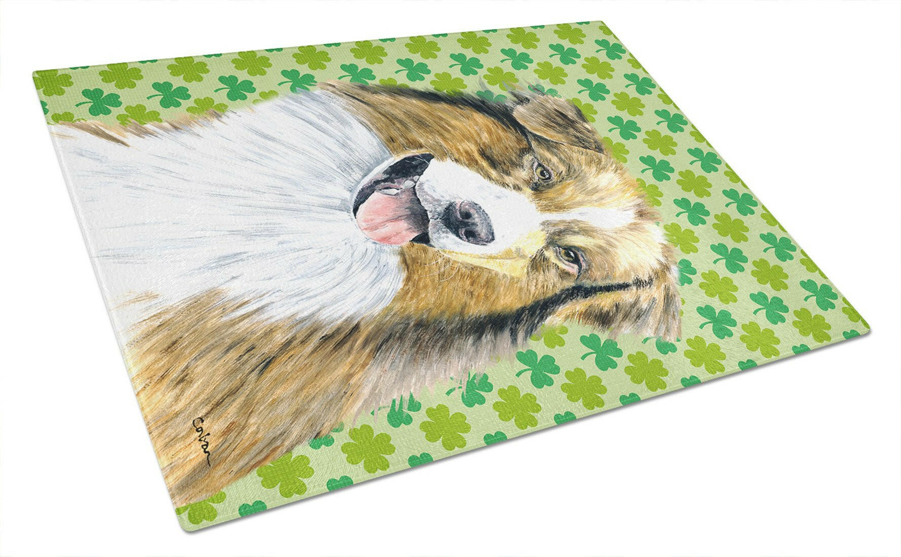 Australian Shepherd St. Patrick's Day Shamrock Cutting Board Tempered Glass Kitchen Cutting Surface, Heat Resistant Chopping, Non-Slip Feet, Food Prep & Serving