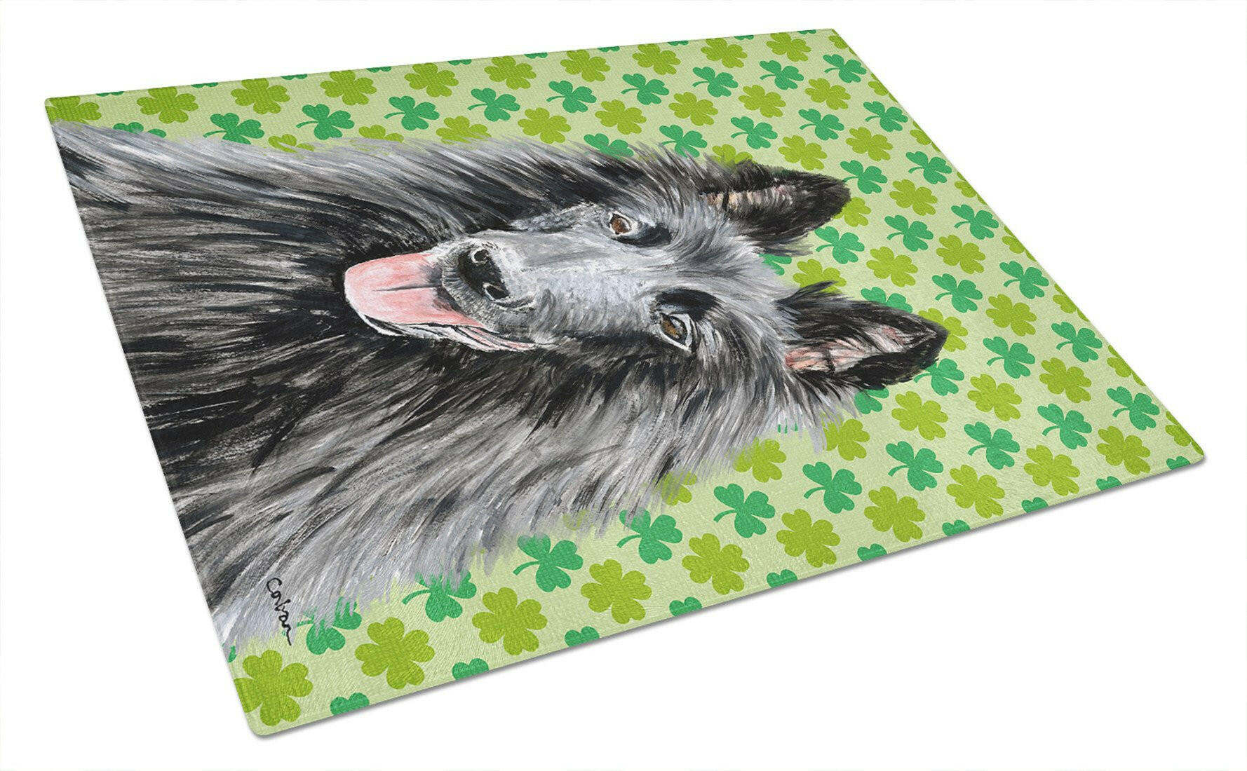 Belgian Sheepdog St. Patrick's Day Shamrock Portrait Cutting Board Tempered Glass Kitchen Cutting Surface, Heat Resistant Chopping, Non-Slip Feet, Food Prep & Serving