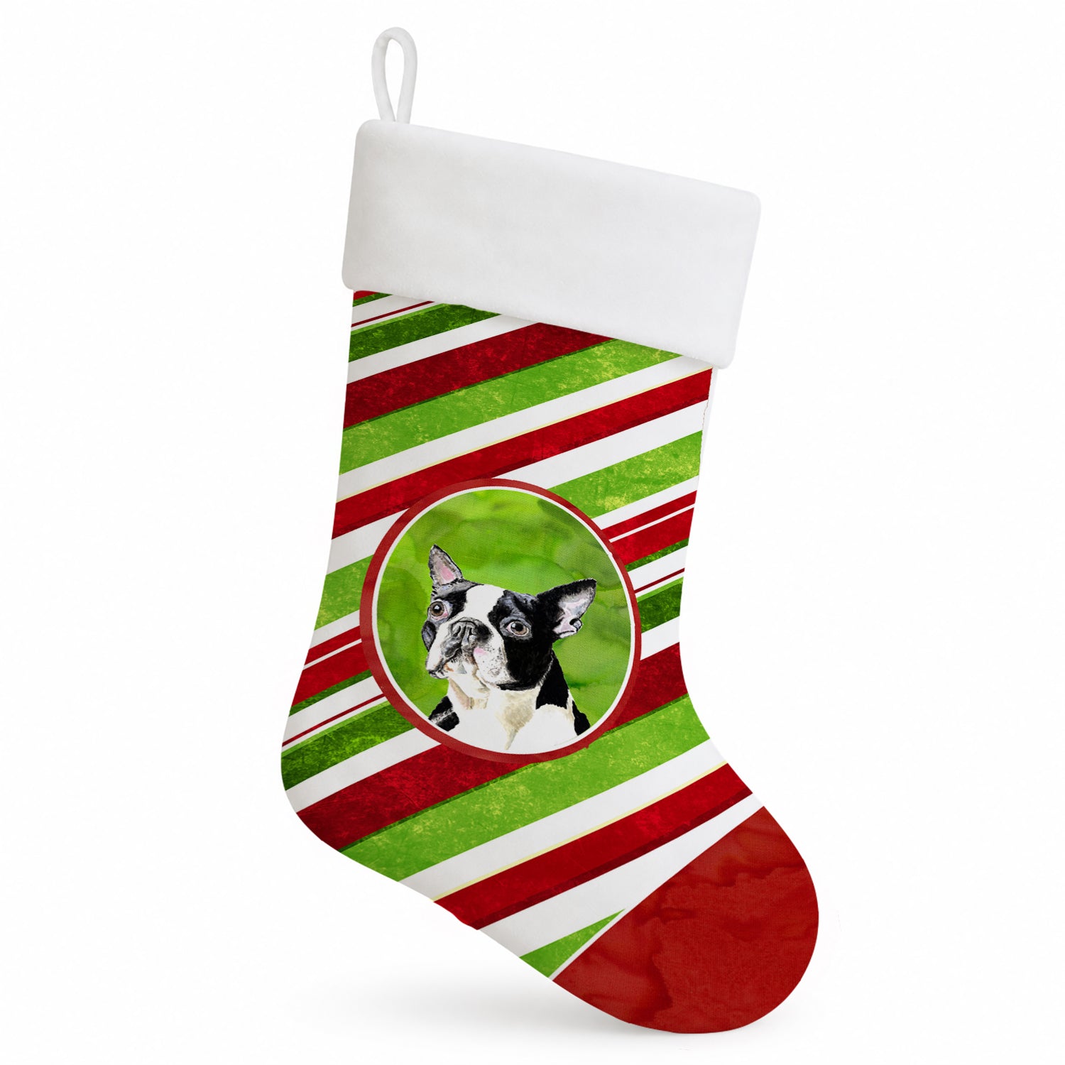 Boston Terrier Candy Cane Holiday Christmas Holiday Stocking Double-Sided Print, Polyester Suede,11x18, Made in USA