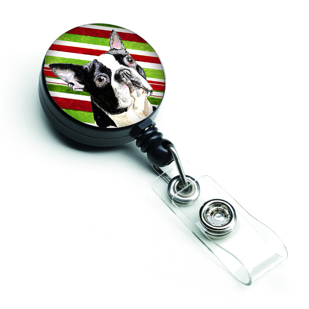 Boston Terrier Candy Cane Holiday Christmas Retractable Badge Reel for Nurses ID Badge Holder with Clip Retractable Employee Badge Holder, Belt Clip