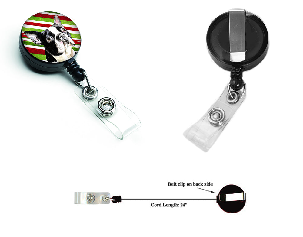 Boston Terrier Candy Cane Holiday Christmas Retractable Badge Reel for Nurses ID Badge Holder with Clip Retractable Employee Badge Holder, Belt Clip