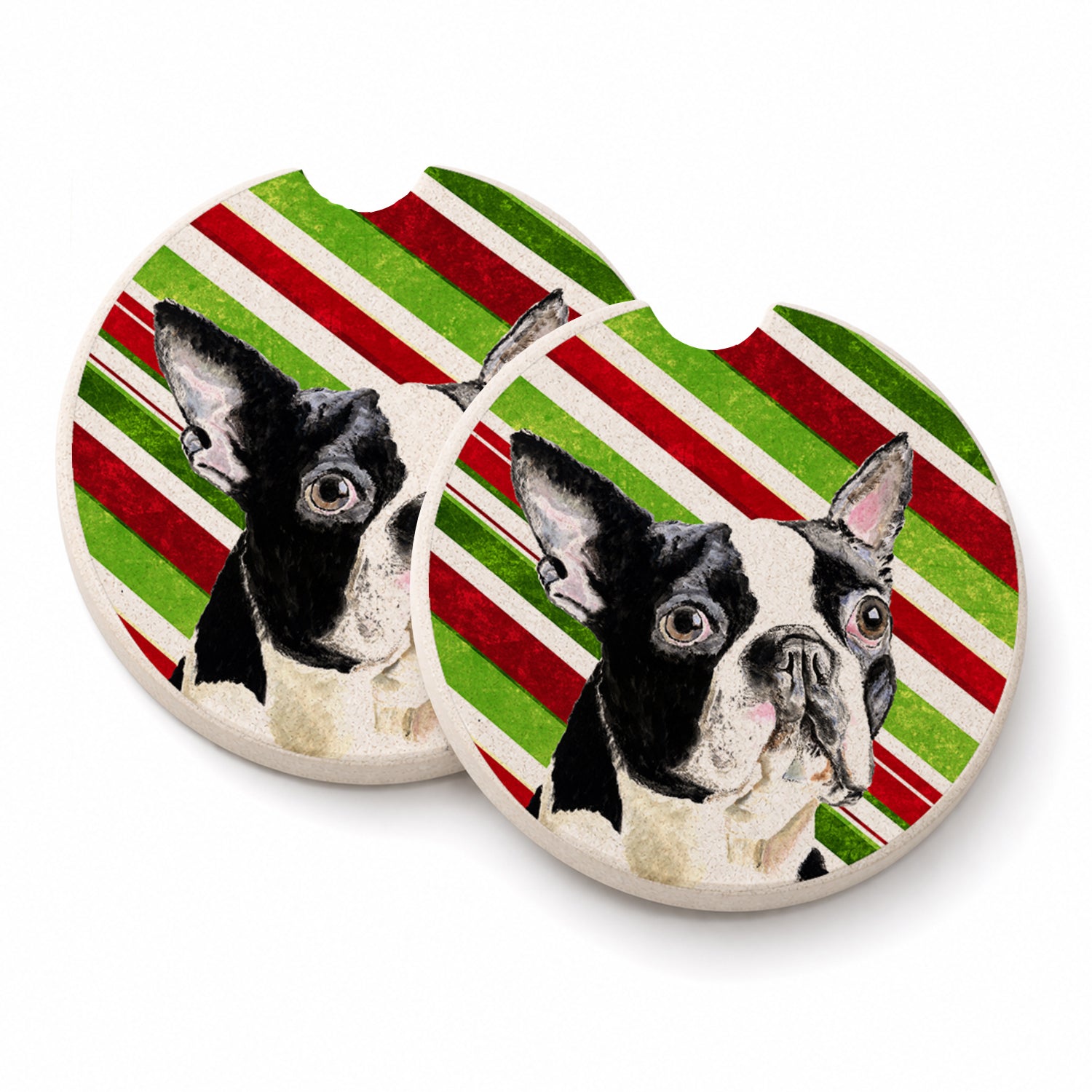 Boston Terrier Candy Cane Holiday Christmas Set of 2 Cup Holder Car Coasters Absorbent Round Sandstone Coasters Gifts for Men or Women, 2.5, Multicolor