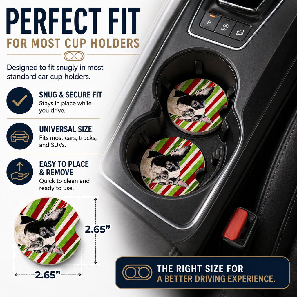 Boston Terrier Candy Cane Holiday Christmas Set of 2 Cup Holder Car Coasters Absorbent Round Sandstone Coasters Gifts for Men or Women, 2.5, Multicolor