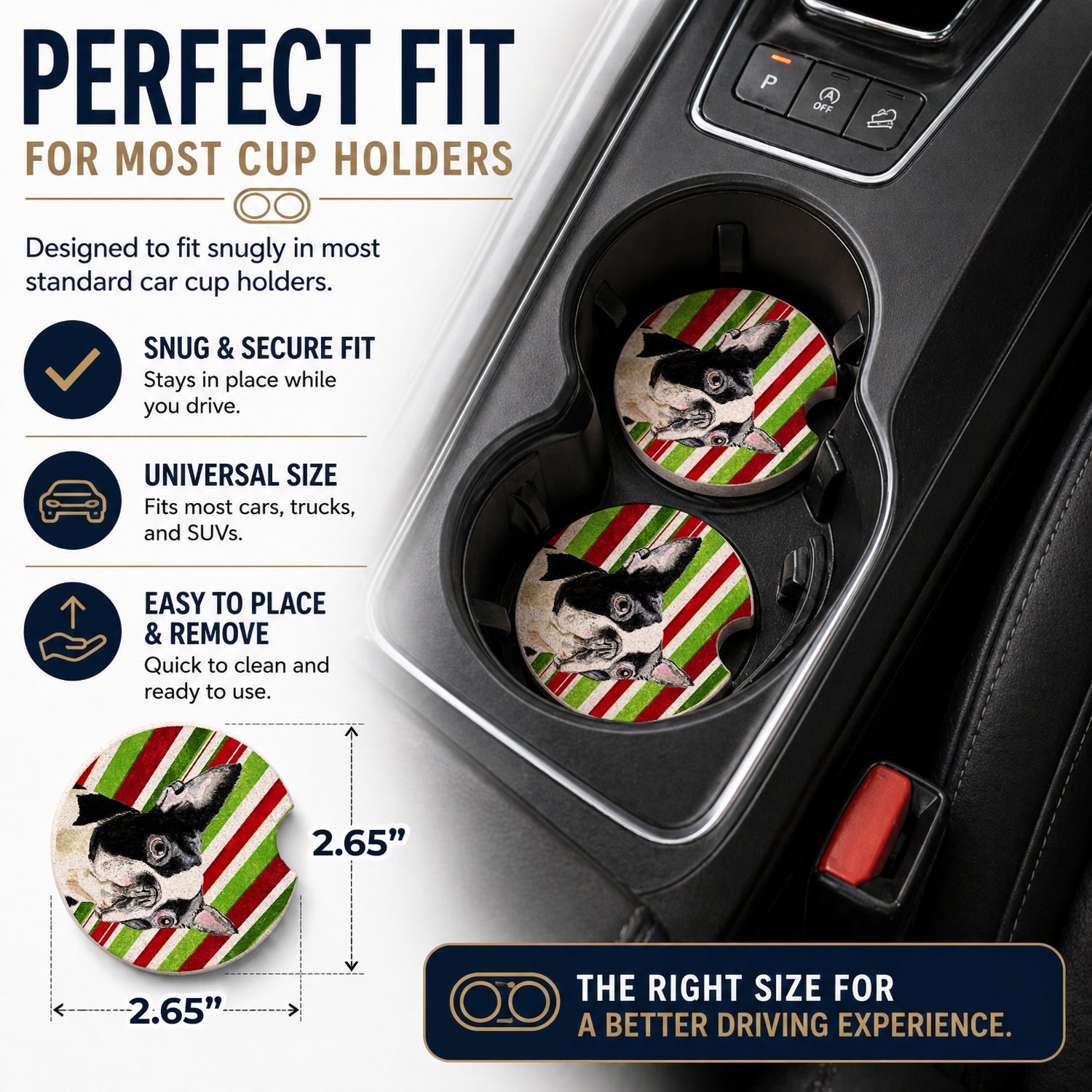 Boston Terrier Candy Cane Holiday Christmas Set of 2 Cup Holder Car Coasters Absorbent Round Sandstone Coasters Gifts for Men or Women, 2.5, Multicolor