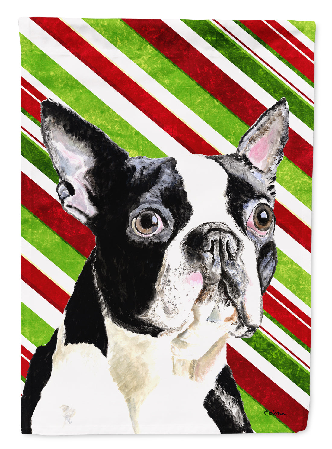 Boston Terrier Candy Cane Holiday Christmas House Flag 28x40 Porch Sleeve Pole Decorative Outside Yard Banner Artwork Wall Hanging, Polyester