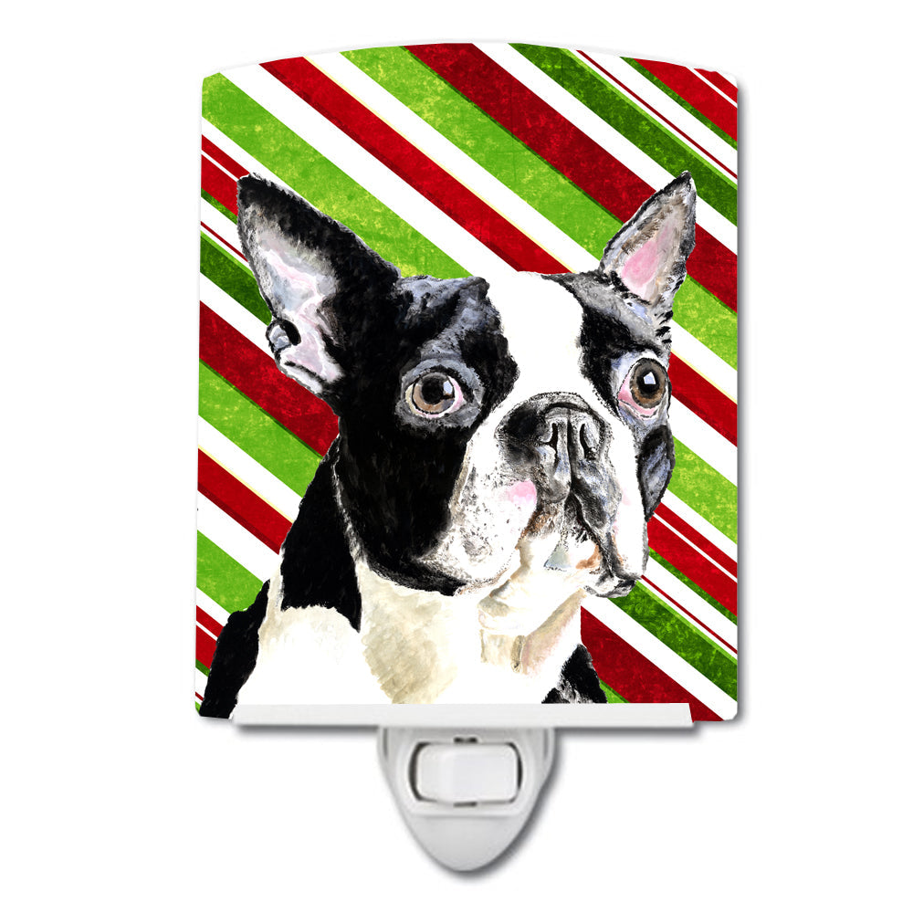 Boston Terrier Candy Cane Holiday Christmas Ceramic Night Light Compact, UL-Certified, Ideal for Bedroom, Bathroom, Nursery, Hallway, Kitchen, 6x4x3, Multicolor