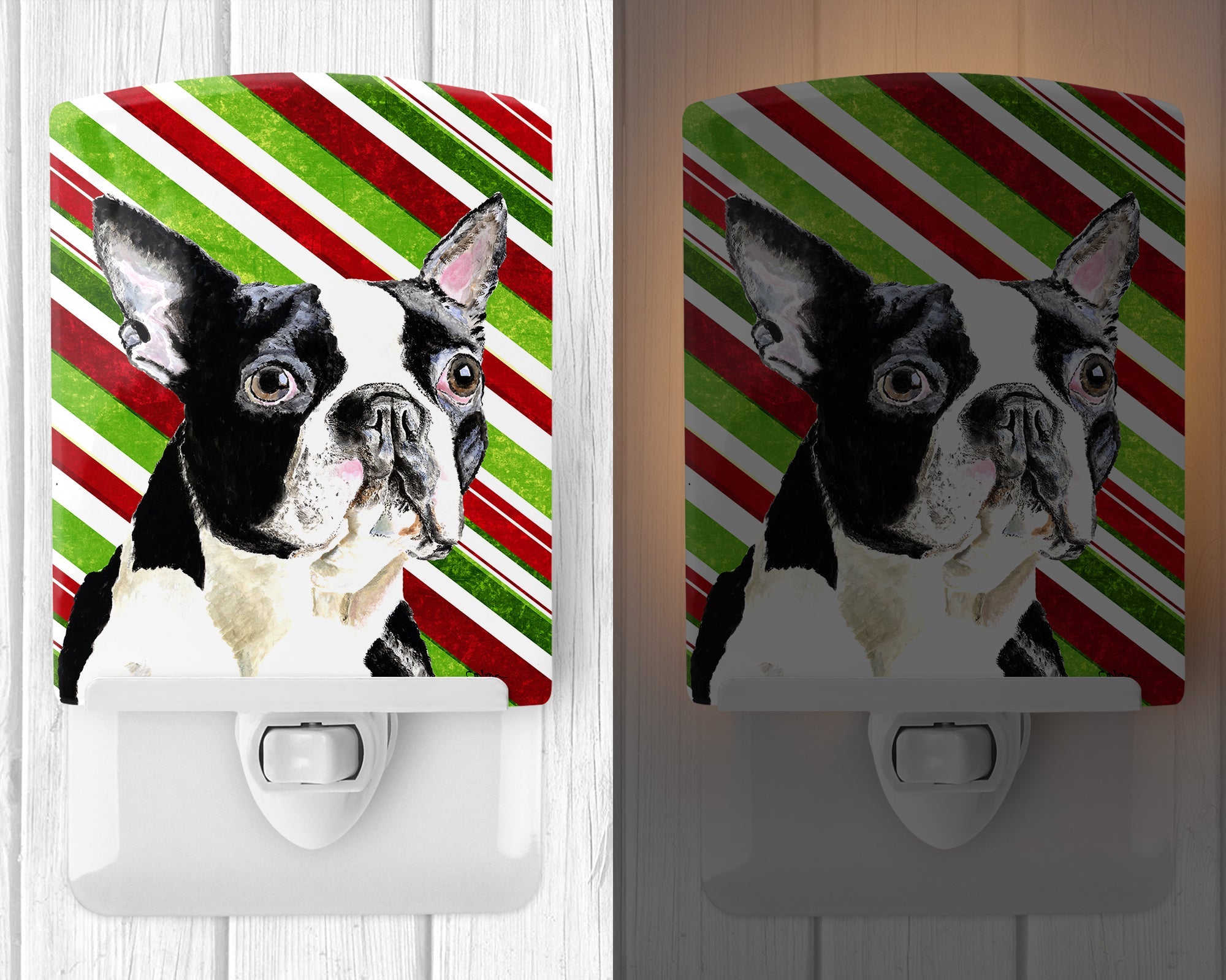 Boston Terrier Candy Cane Holiday Christmas Ceramic Night Light Compact, UL-Certified, Ideal for Bedroom, Bathroom, Nursery, Hallway, Kitchen, 6x4x3, Multicolor