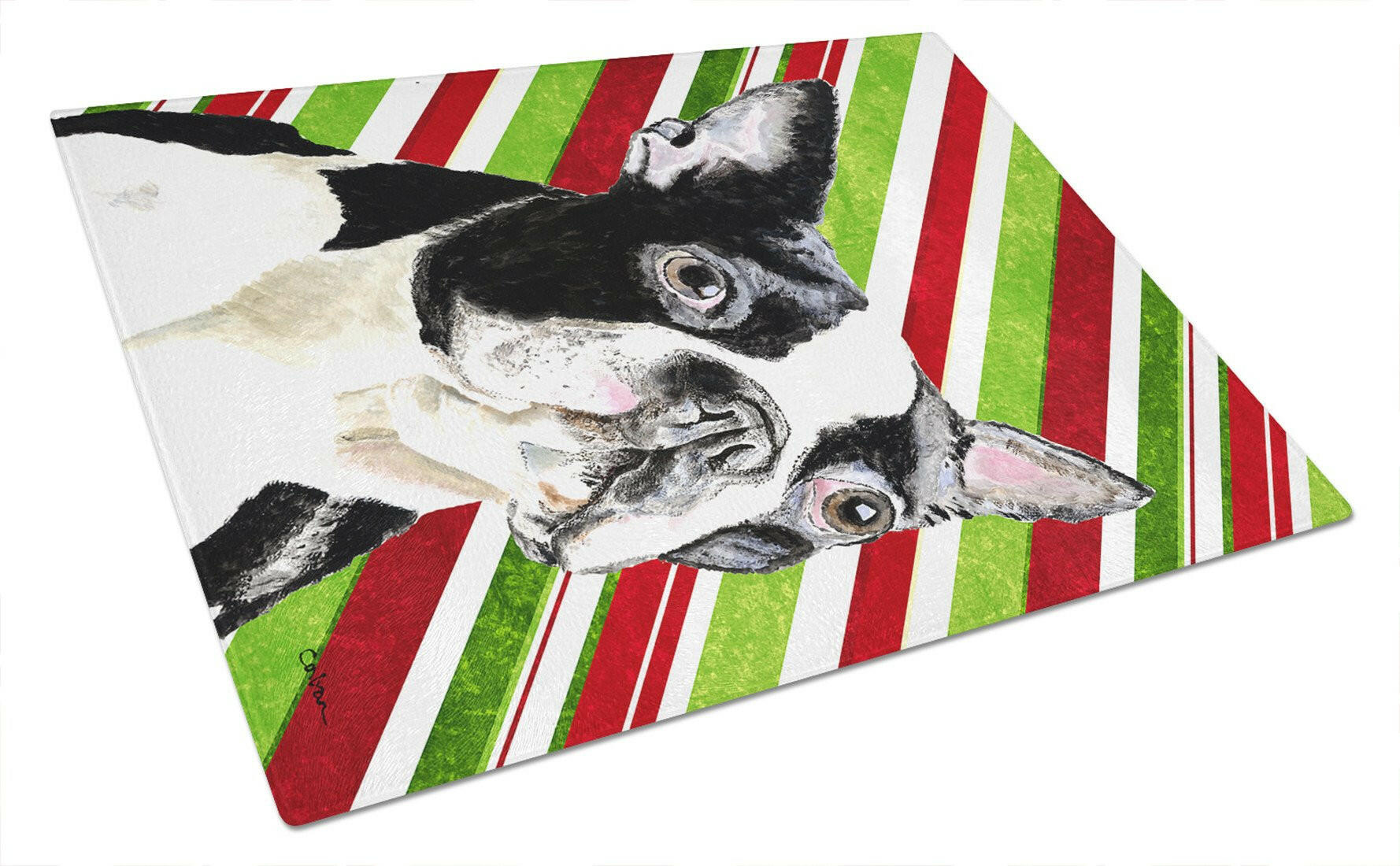 Boston Terrier Candy Cane Holiday Christmas Cutting Board Tempered Glass Kitchen Cutting Surface, Heat Resistant Chopping, Non-Slip Feet, Food Prep & Serving