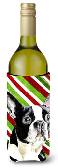 Boston Terrier Candy Cane Holiday Christmas Wine Bottle Hugger Gift Sleeve for Standard 750 ml Bottles, Insulated Reusable Also Fits Mini Shot & Pint Bottles