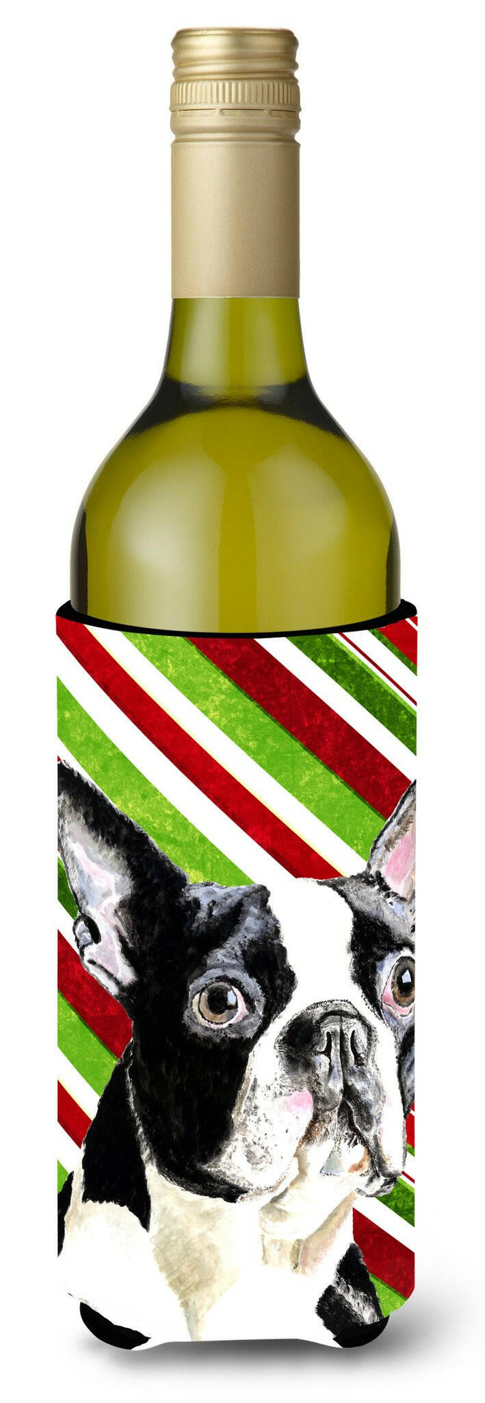 Boston Terrier Candy Cane Holiday Christmas Wine Bottle Hugger Gift Sleeve for Standard 750 ml Bottles, Insulated Reusable Also Fits Mini Shot & Pint Bottles
