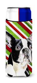Boston Terrier Candy Cane Holiday Christmas Slim Can Hugger , Insulated Foam Hugger for 12 oz Slim Cans, Beer Bottles & Water Bottles, Printed in USA
