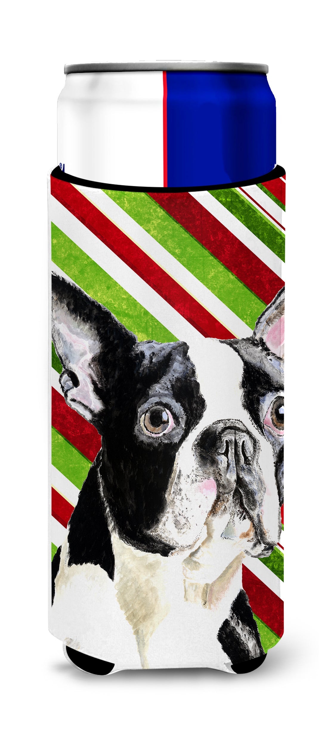 Boston Terrier Candy Cane Holiday Christmas Slim Can Hugger , Insulated Foam Hugger for 12 oz Slim Cans, Beer Bottles & Water Bottles, Printed in USA