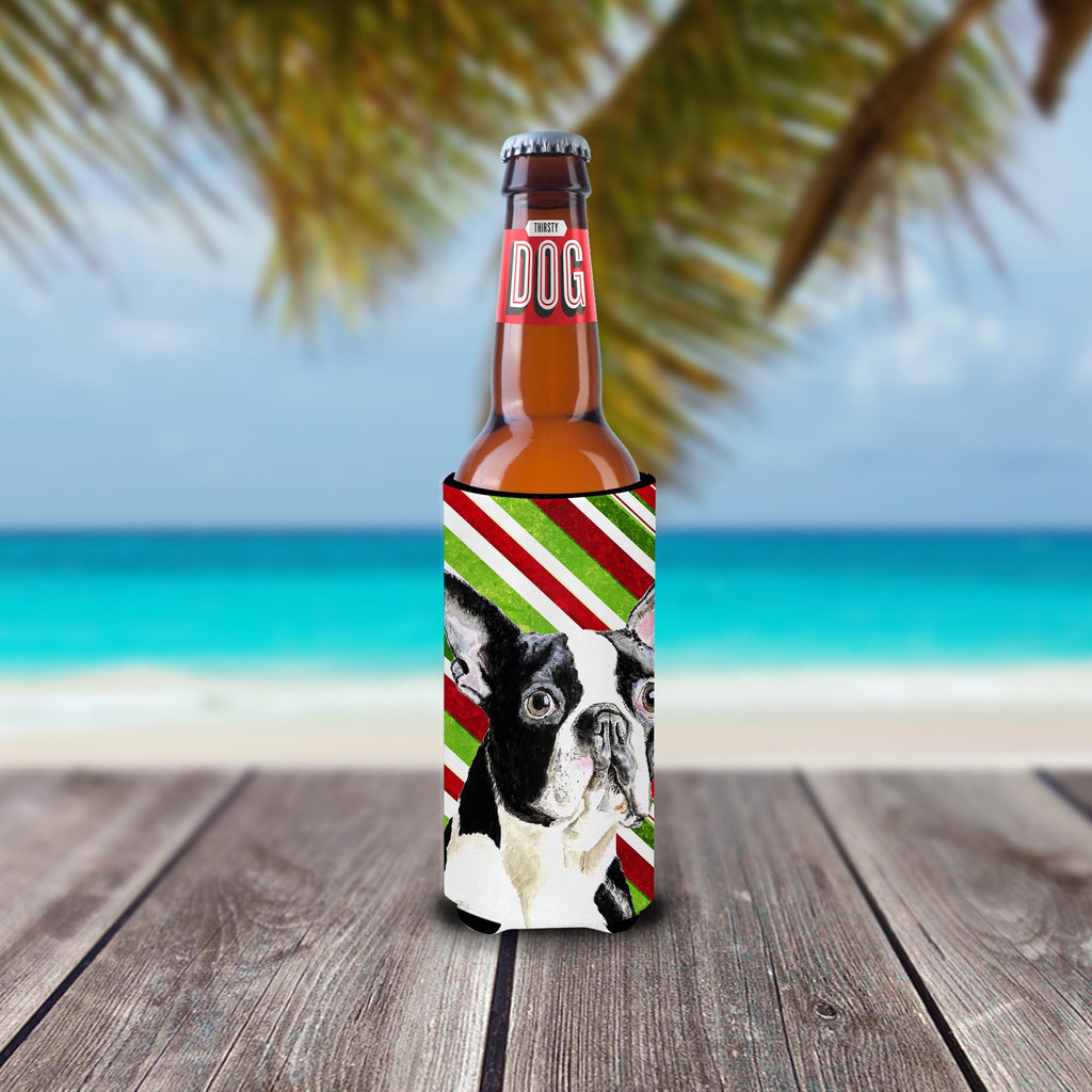 Boston Terrier Candy Cane Holiday Christmas Slim Can Hugger , Insulated Foam Hugger for 12 oz Slim Cans, Beer Bottles & Water Bottles, Printed in USA