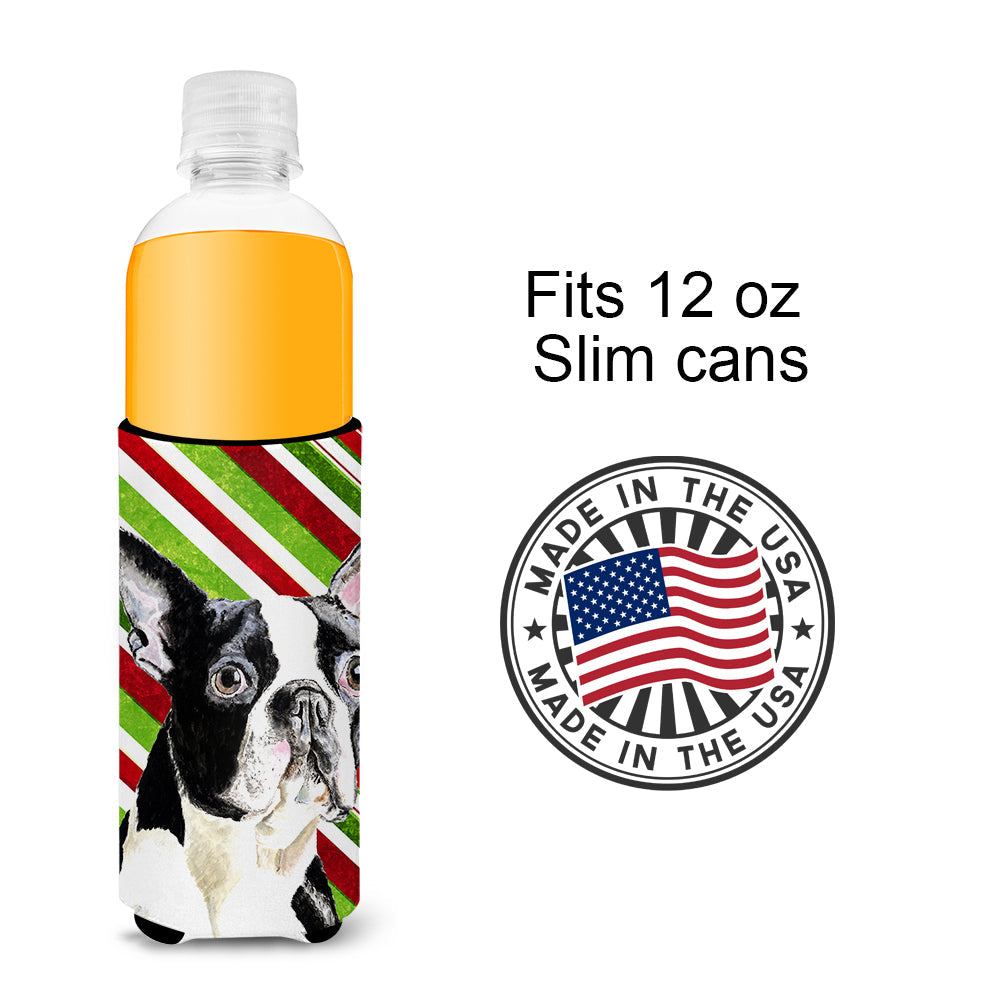 Boston Terrier Candy Cane Holiday Christmas Slim Can Hugger , Insulated Foam Hugger for 12 oz Slim Cans, Beer Bottles & Water Bottles, Printed in USA