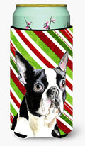 Boston Terrier Candy Cane Holiday Christmas Tall Boy Hugger Can Cooler Sleeve Machine Washable Drink Collapsible Insulator Beverage Insulated Holder