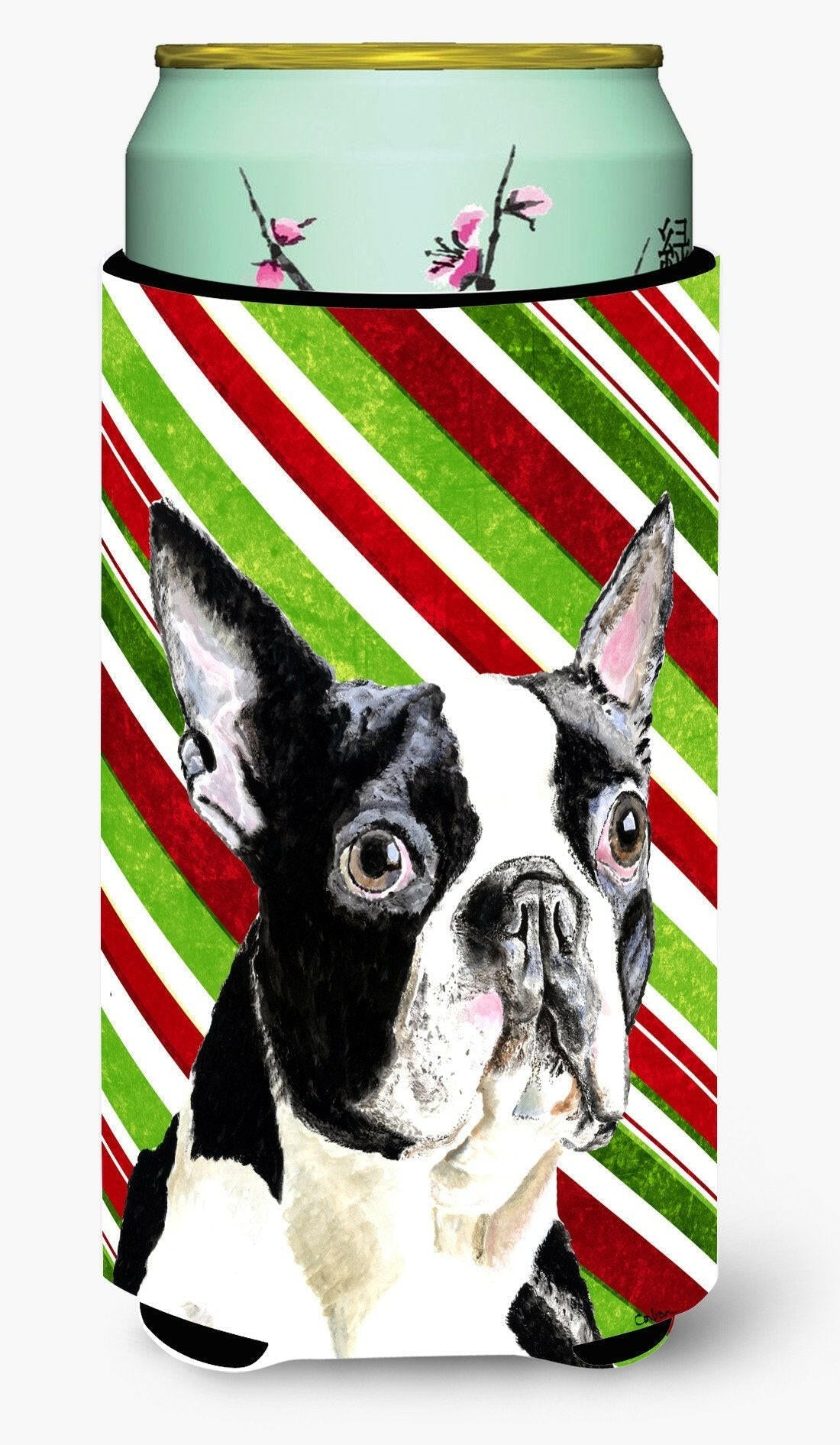 Boston Terrier Candy Cane Holiday Christmas Tall Boy Hugger Can Cooler Sleeve Machine Washable Drink Collapsible Insulator Beverage Insulated Holder