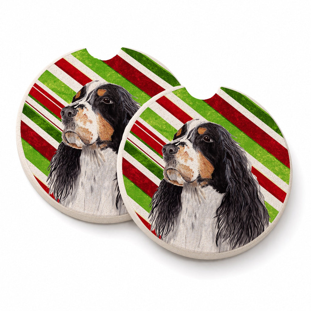 Springer Spaniel Candy Cane Holiday Christmas Set of 2 Cup Holder Car Coasters Absorbent Round Sandstone Coasters Gifts for Men or Women, 2.5, Multicolor