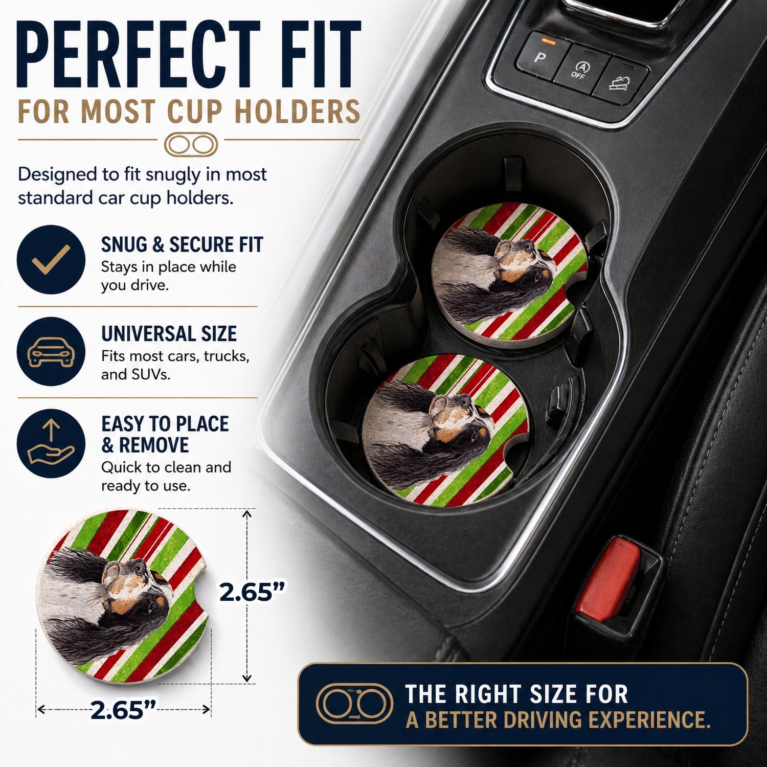 Springer Spaniel Candy Cane Holiday Christmas Set of 2 Cup Holder Car Coasters Absorbent Round Sandstone Coasters Gifts for Men or Women, 2.5, Multicolor