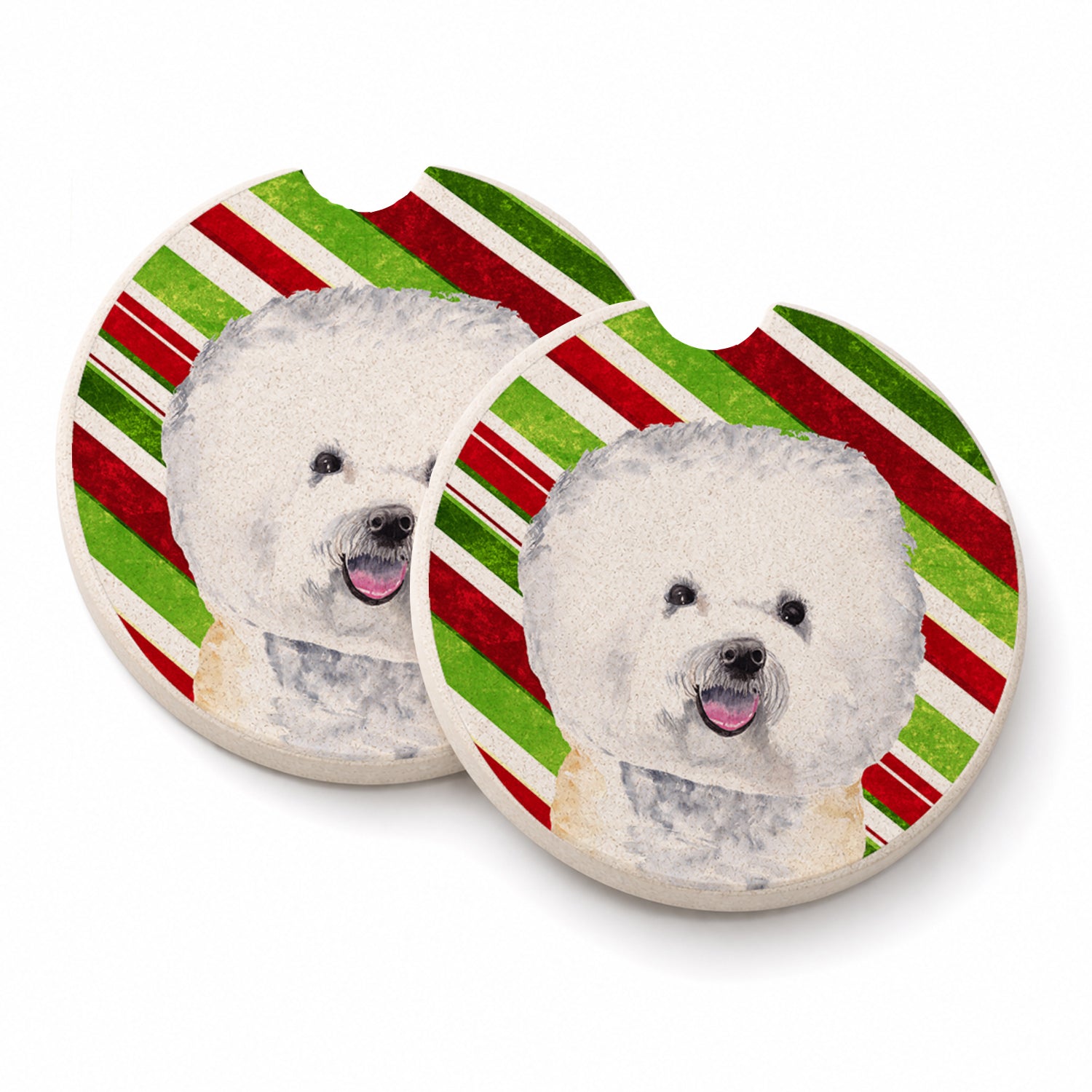 Bichon Frise Candy Cane Holiday Christmas Set of 2 Cup Holder Car Coasters Absorbent Round Sandstone Coasters Gifts for Men or Women, 2.5, Multicolor