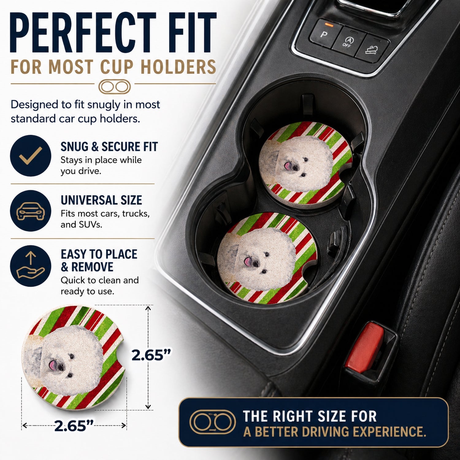Bichon Frise Candy Cane Holiday Christmas Set of 2 Cup Holder Car Coasters Absorbent Round Sandstone Coasters Gifts for Men or Women, 2.5, Multicolor
