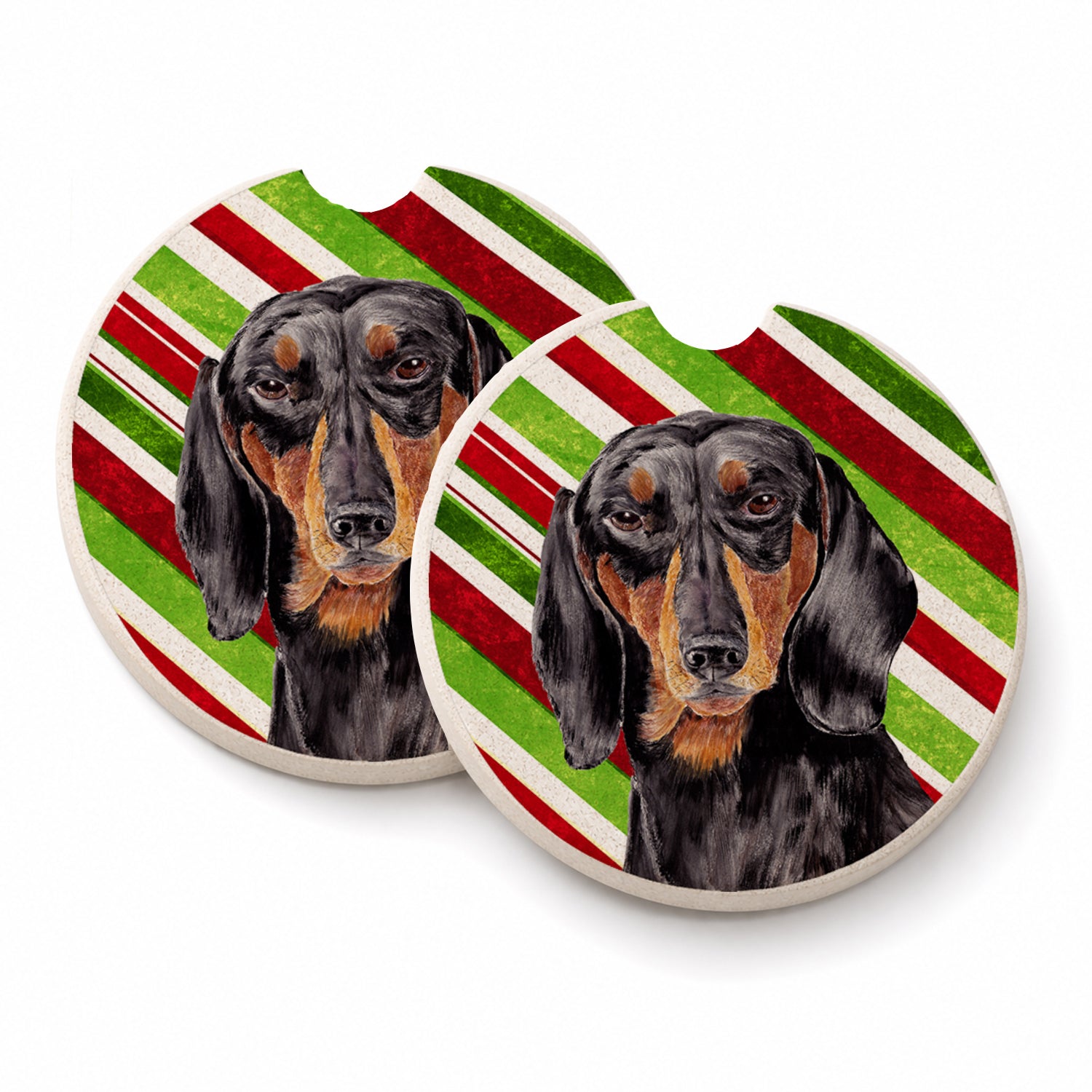 Dachshund Candy Cane Holiday Christmas Set of 2 Cup Holder Car Coasters Absorbent Round Sandstone Coasters Gifts for Men or Women, 2.5, Multicolor