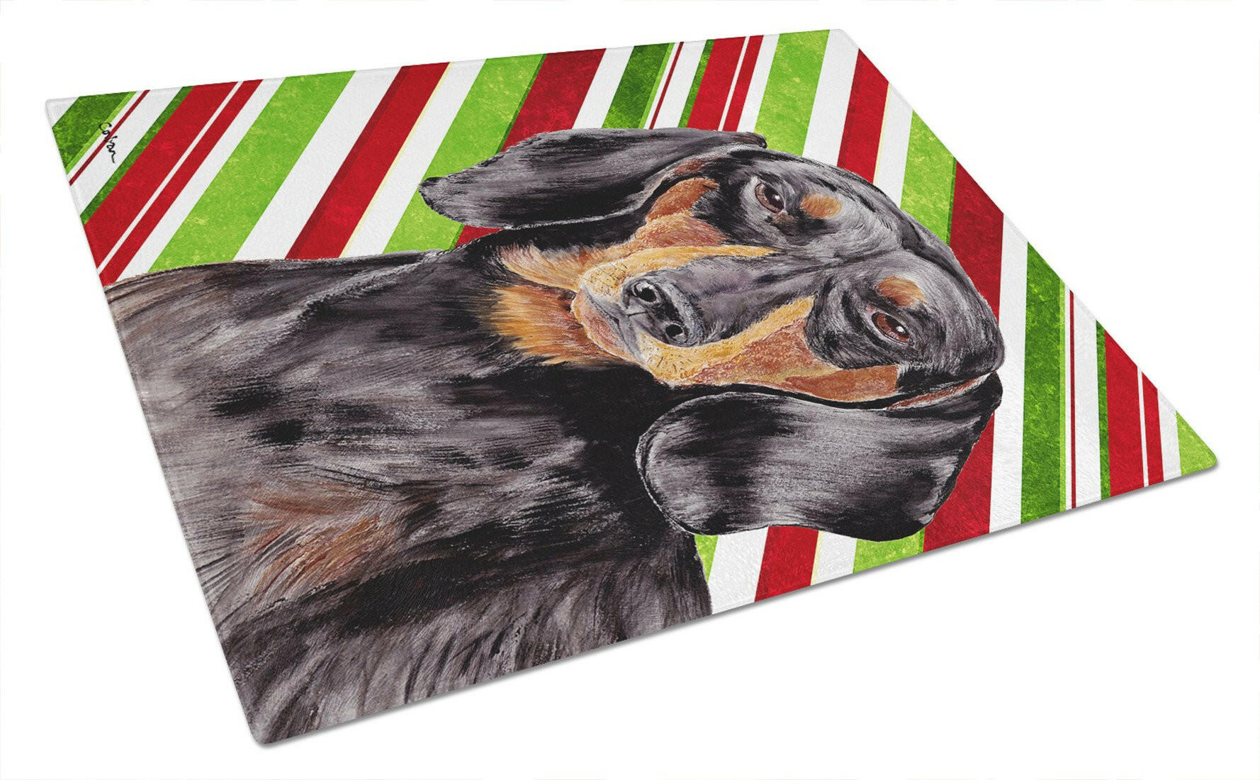Dachshund Candy Cane Holiday Christmas Cutting Board Tempered Glass Kitchen Cutting Surface, Heat Resistant Chopping, Non-Slip Feet, Food Prep & Serving