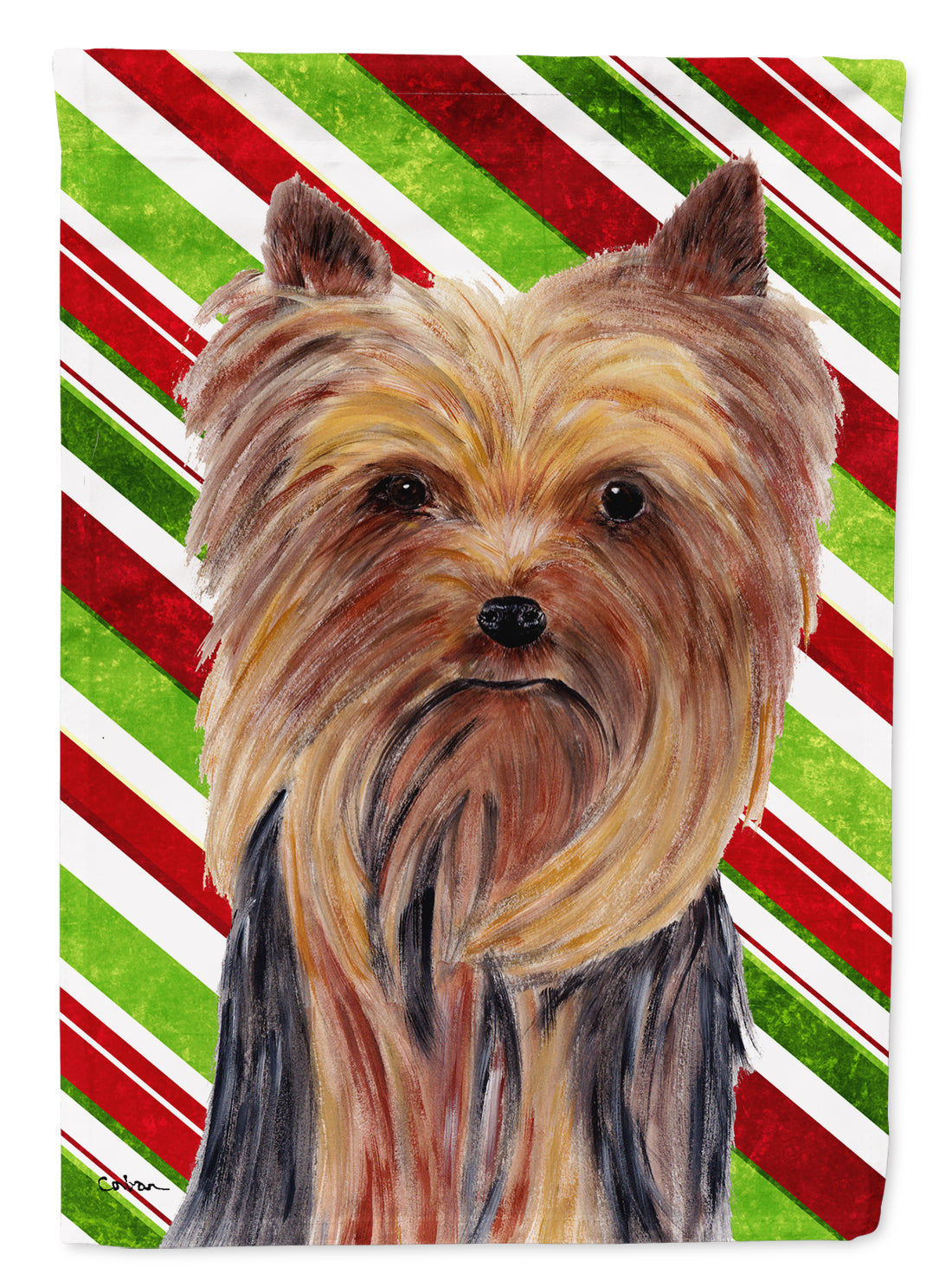 Yorkie Candy Cane Holiday Christmas House Flag 28x40 Porch Sleeve Pole Decorative Outside Yard Banner Artwork Wall Hanging, Polyester