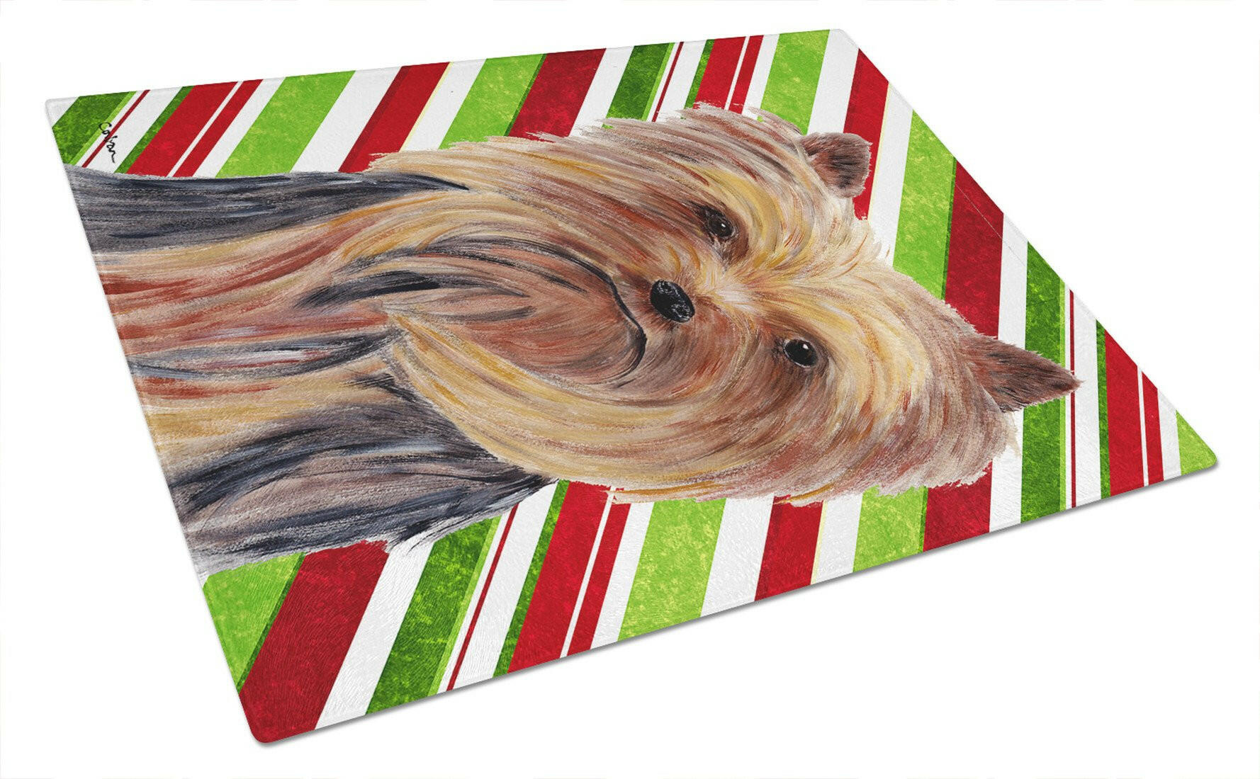 Yorkie Candy Cane Holiday Christmas Cutting Board Tempered Glass Kitchen Cutting Surface, Heat Resistant Chopping, Non-Slip Feet, Food Prep & Serving