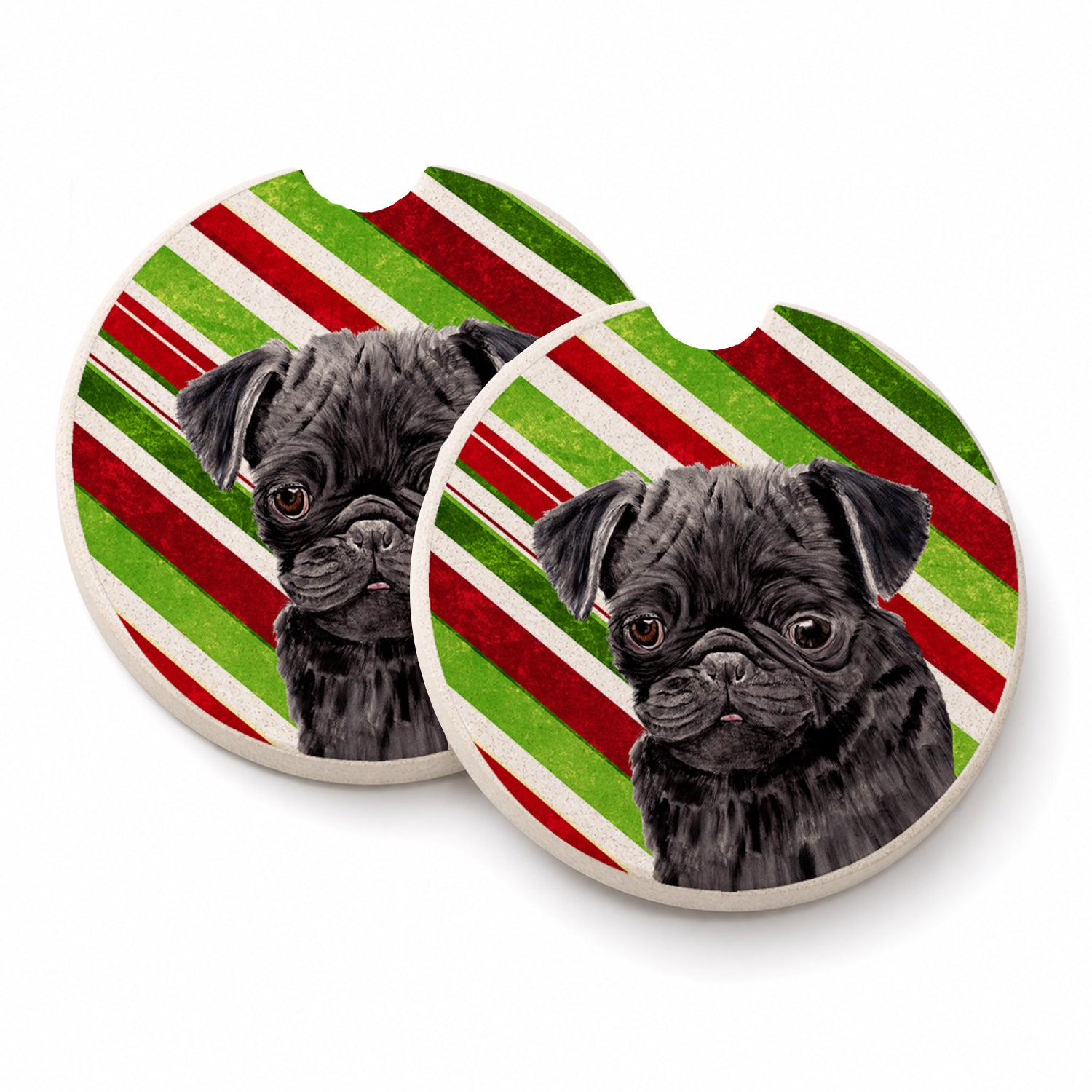 Pug Candy Cane Holiday Christmas Set of 2 Cup Holder Car Coasters Absorbent Round Sandstone Coasters Gifts for Men or Women, 2.5, Multicolor