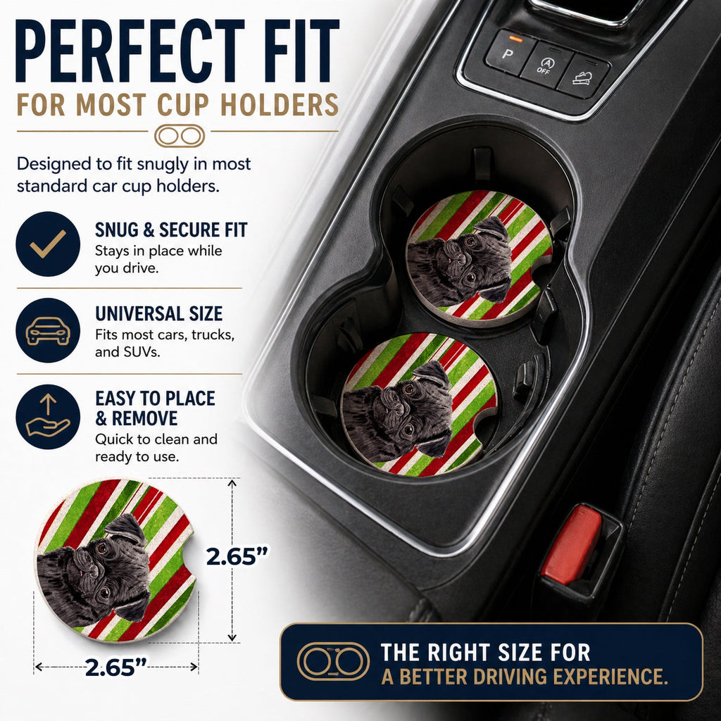 Pug Candy Cane Holiday Christmas Set of 2 Cup Holder Car Coasters Absorbent Round Sandstone Coasters Gifts for Men or Women, 2.5, Multicolor
