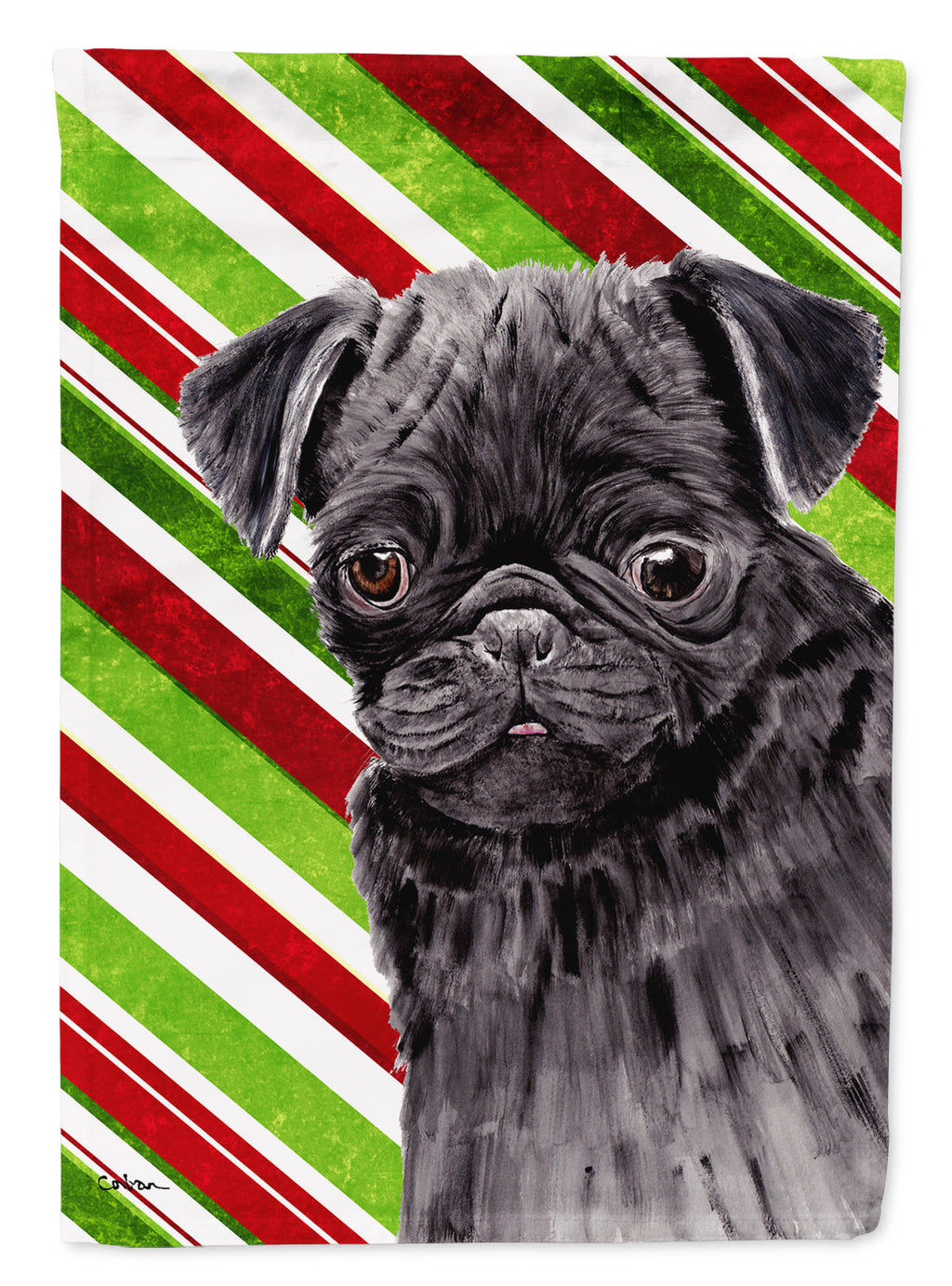 Pug Candy Cane Holiday Christmas House Flag 28x40 Porch Sleeve Pole Decorative Outside Yard Banner Artwork Wall Hanging, Polyester