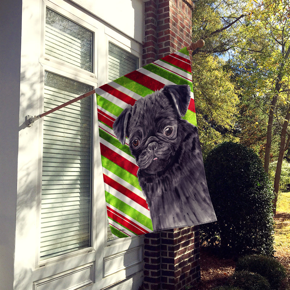 Pug Candy Cane Holiday Christmas House Flag 28x40 Porch Sleeve Pole Decorative Outside Yard Banner Artwork Wall Hanging, Polyester