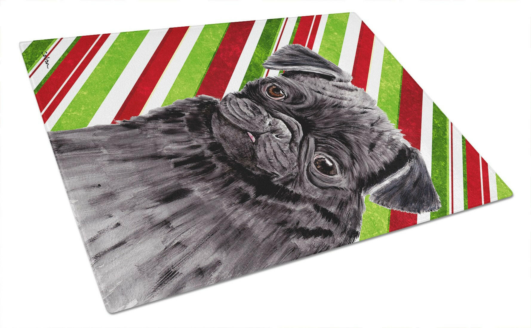 Pug Candy Cane Holiday Christmas Cutting Board Tempered Glass Kitchen Cutting Surface, Heat Resistant Chopping, Non-Slip Feet, Food Prep & Serving