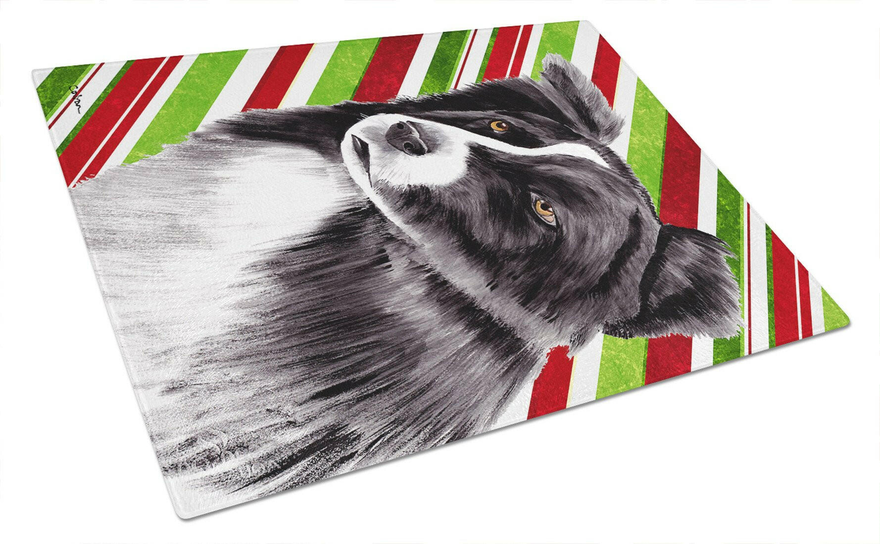 Border Collie Candy Cane Holiday Christmas Cutting Board Tempered Glass Kitchen Cutting Surface, Heat Resistant Chopping, Non-Slip Feet, Food Prep & Serving
