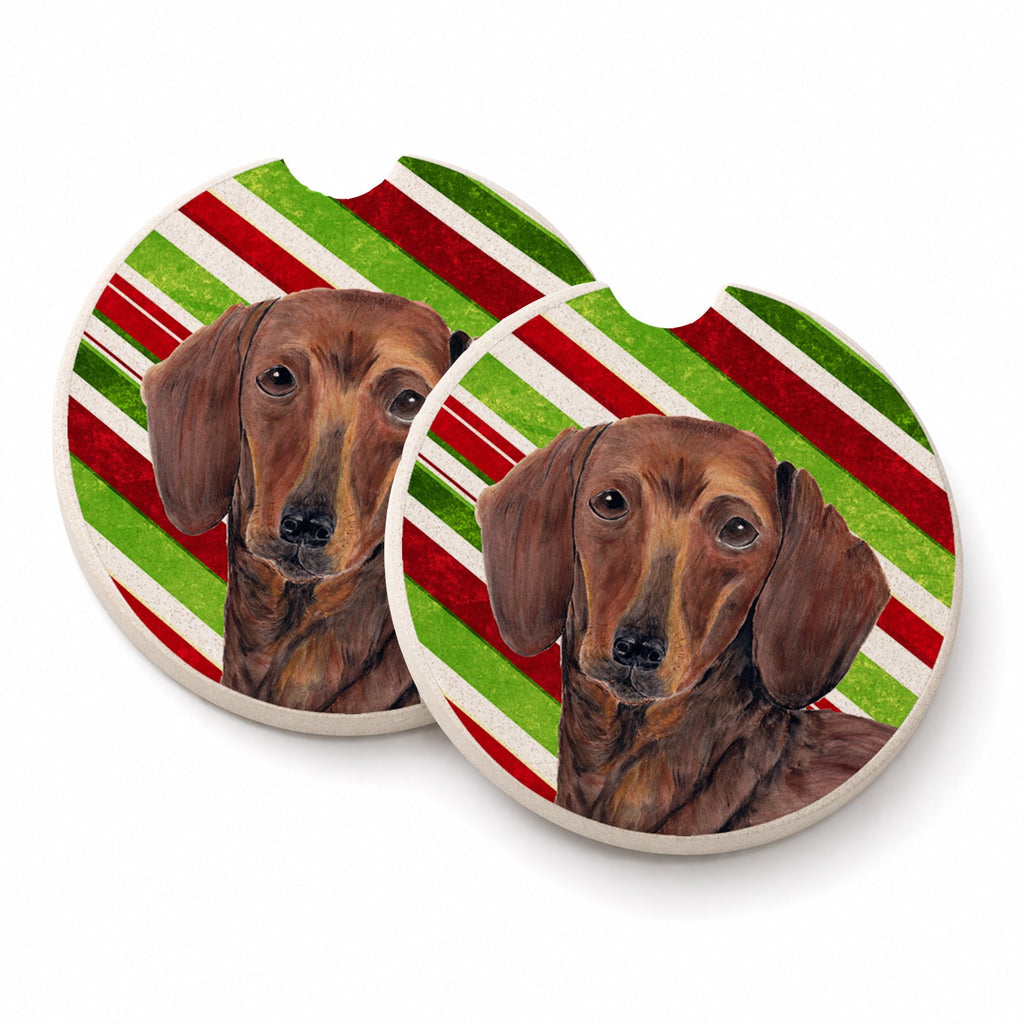 Dachshund Candy Cane Holiday Christmas Set of 2 Cup Holder Car Coasters Absorbent Round Sandstone Coasters Gifts for Men or Women, 2.5, Multicolor